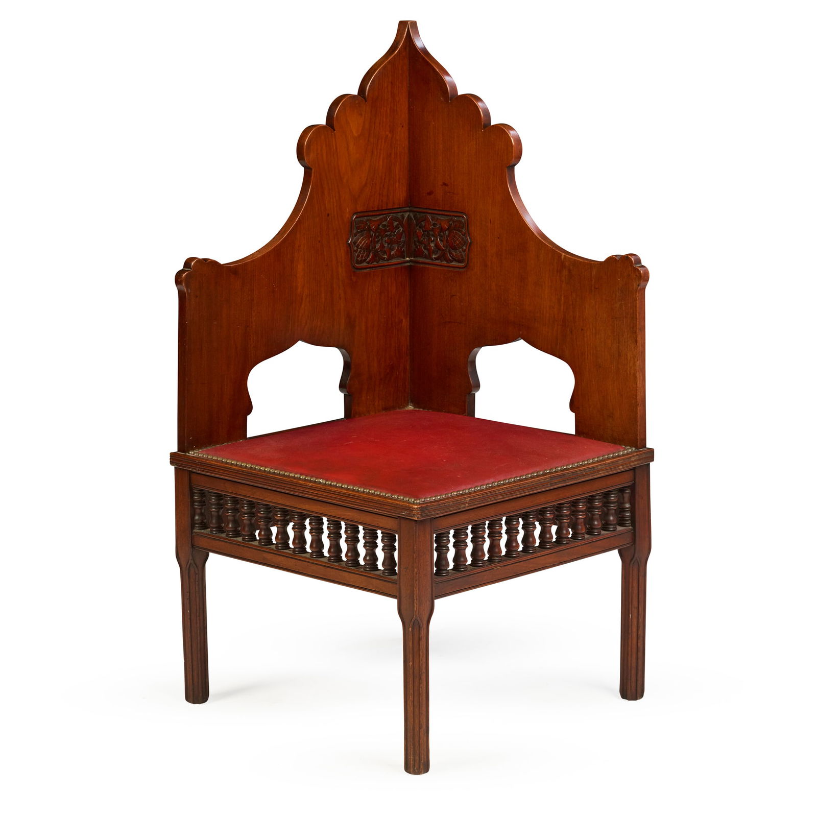 CHRISTOPHER DRESSER (1834-1904) FOR THOMAS KNIGHT: CHRISTOPHER DRESSER (1834-1904) FOR THOMAS KNIGHT CORNER CHAIR, CIRCA 1880 carved mahogany, with close-nailed upholstered seat 53cm square, 104.5cm high Literature: Lyons H. Christopher Dresser: The P