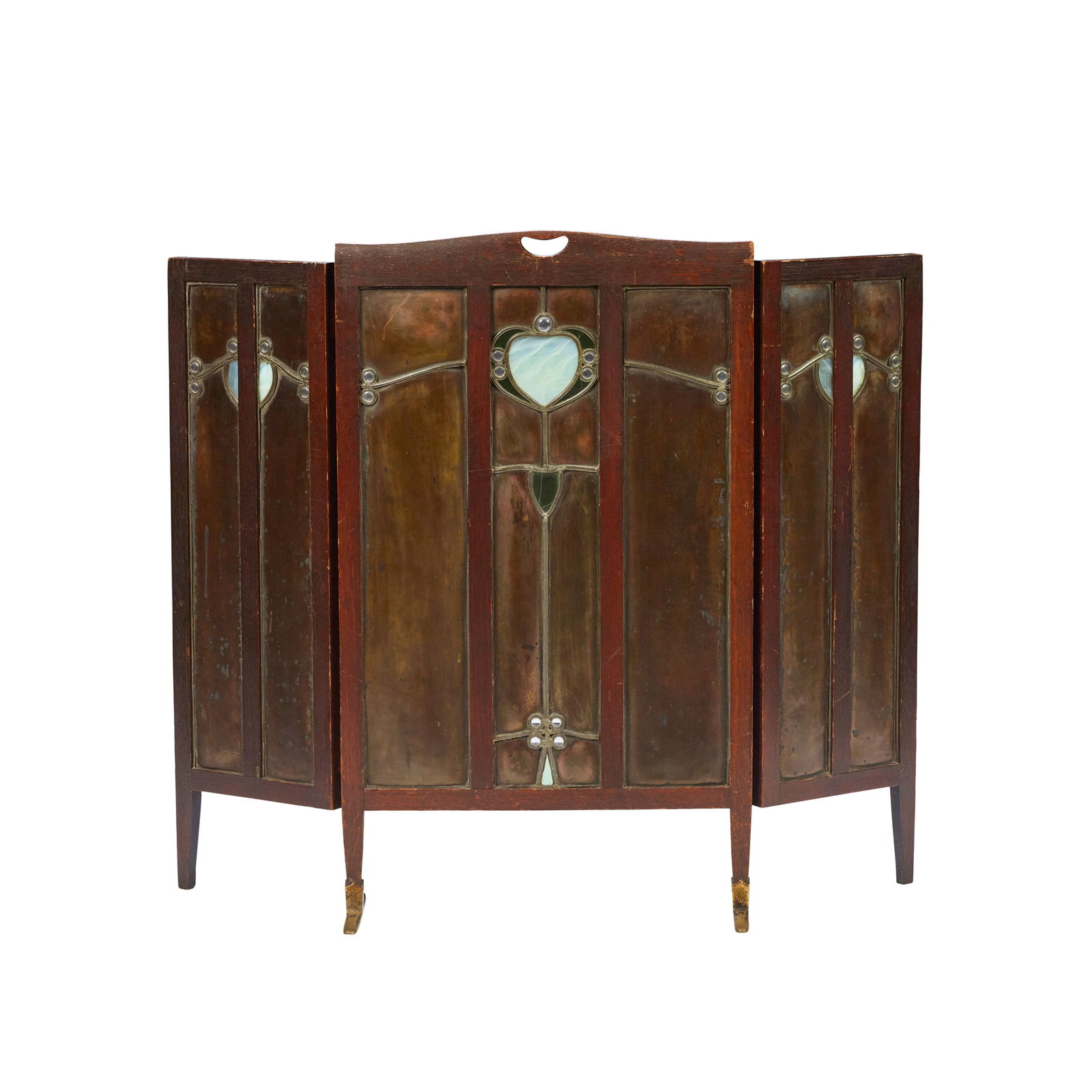 GEORGE WALTON (1867-1933): GEORGE WALTON (1867-1933) THREE-FOLD FIRESCREEN, CIRCA 1900 oak, brass, with stained opalescent and leaded glass central fold 57.4cm wide, 96cm high, side folds each 28.5cm wide, 91.5cm high, brass fe