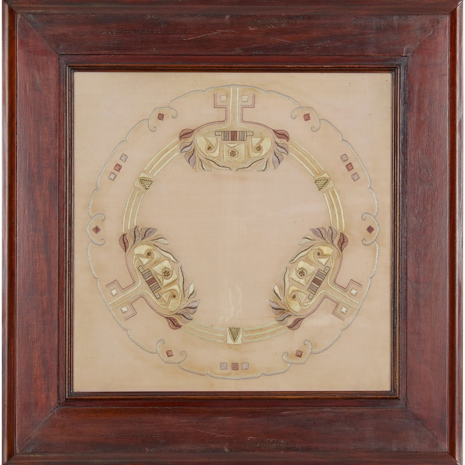 SCOTTISH: SCOTTISH GLASGOW SCHOOL EMBROIDERED PANEL, CIRCA 1910 coloured silks and gold threads on a fine linen ground 54.5cm x 54 (frame size 79.5cm x 79cm)