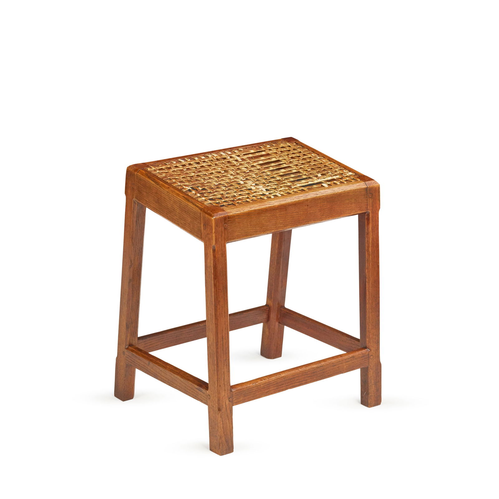 ATTRIBUTED TO THE GUILD OF HANDICRAFT: ATTRIBUTED TO THE GUILD OF HANDICRAFT ARTS & CRAFTS ORGAN STOOL, CIRCA 1930 oak, with woven hide seat 48cm wide, 48cm high, 39.5cm deep F.L. Griggs, and by family descent, see lot 549 for more details