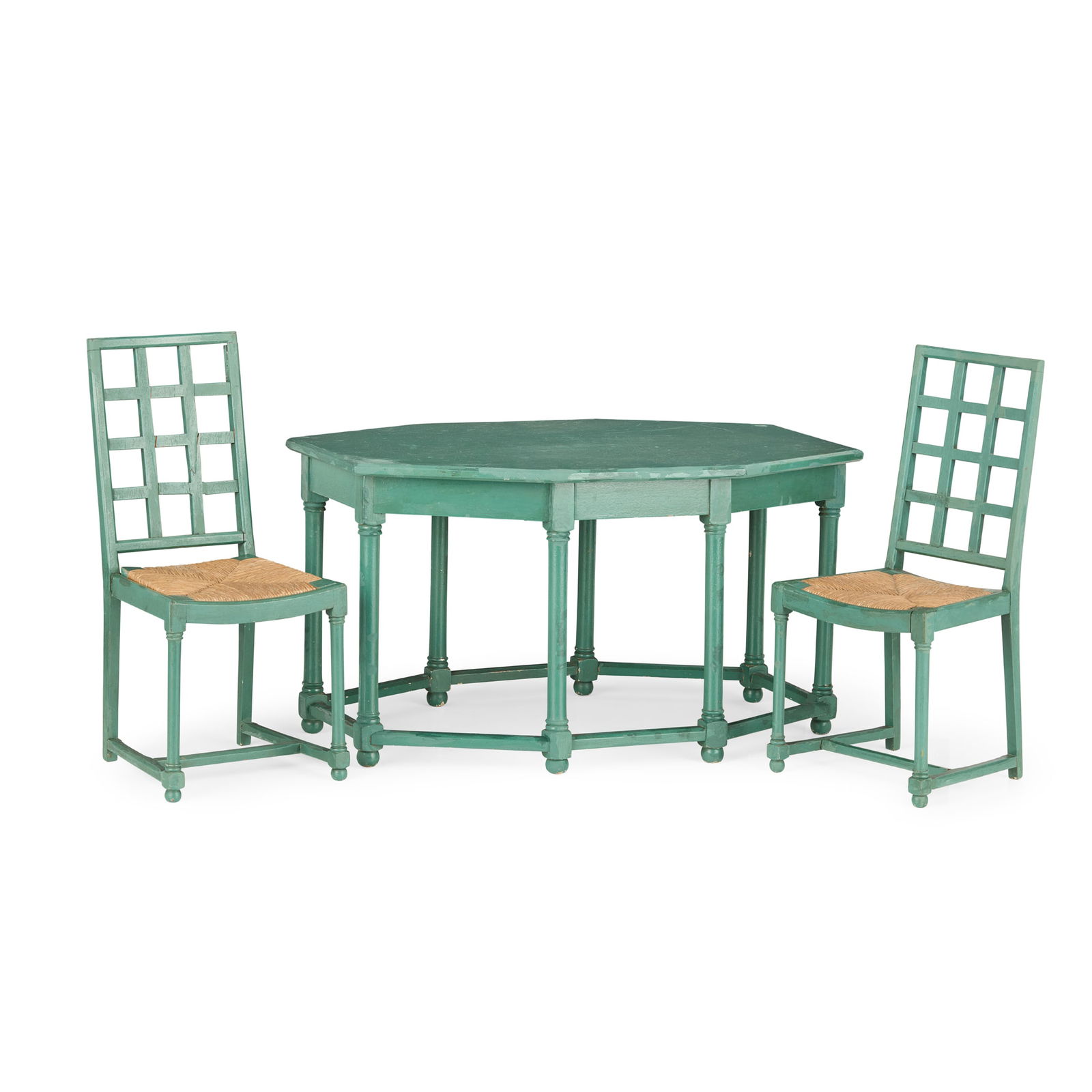 PHILIP TILDEN (1887-1956) AND AMBROSE HEAL (1872-1959) FOR HEAL & SON: PHILIP TILDEN (1887-1956) AND AMBROSE HEAL (1872-1959) FOR HEAL & SON MINIATURE FURNITURE SET, CIRCA 1910 green-painted oak and rush, comprising a TABLE, 44.5cm long, 24.5cm high, 29cm deep; and TWO C