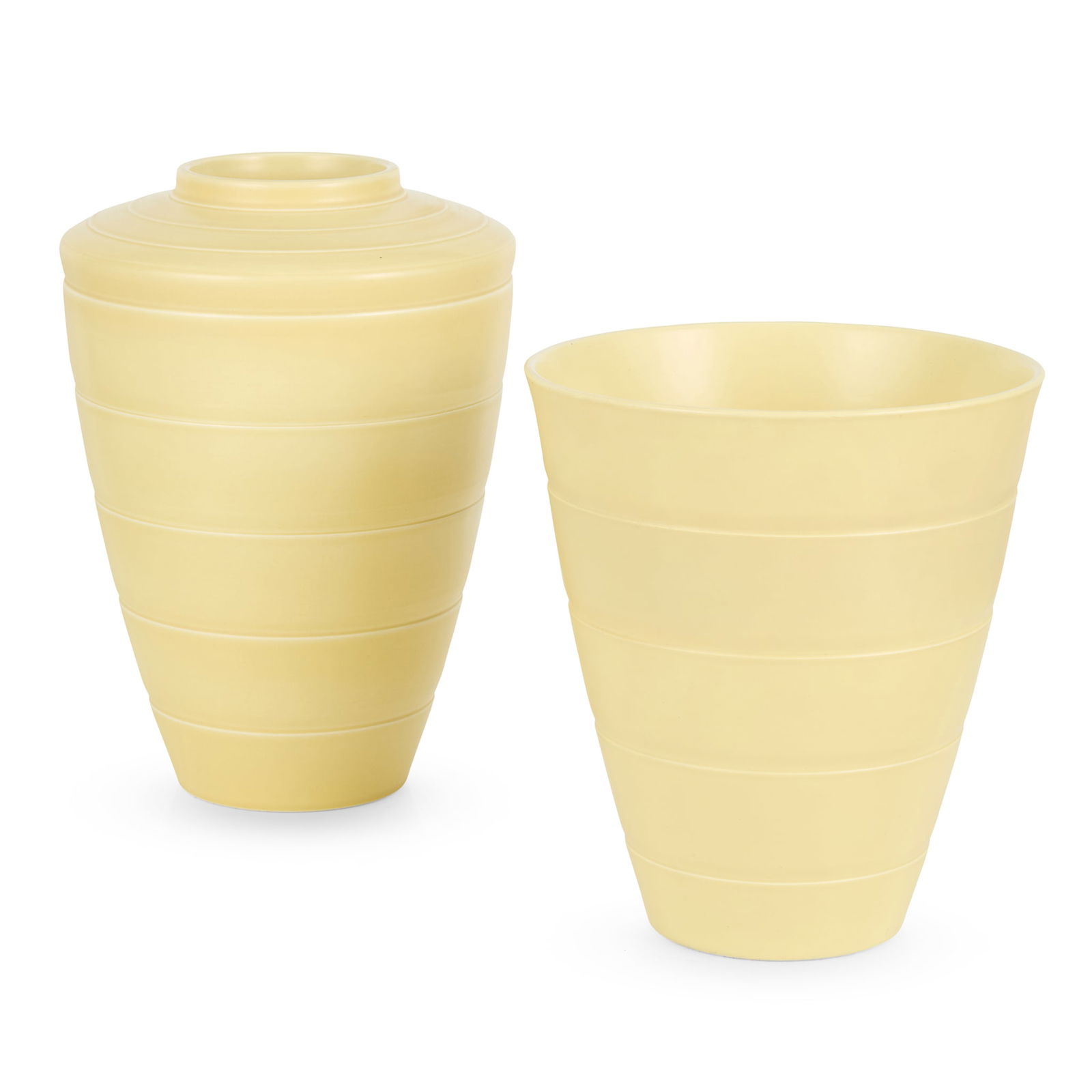 KEITH MURRAY (1892-1981) FOR WEDGWOOD: KEITH MURRAY (1892-1981) FOR WEDGWOOD TWO VASES, CIRCA 1935 glazed earthenware, comprising a VASE, MODEL 3805, printed KM/ WEDGWOOD/ MADE IN ENGLAND, 28.2cm high; a VASE, MODEL 3842, printed KM/ WEDGW