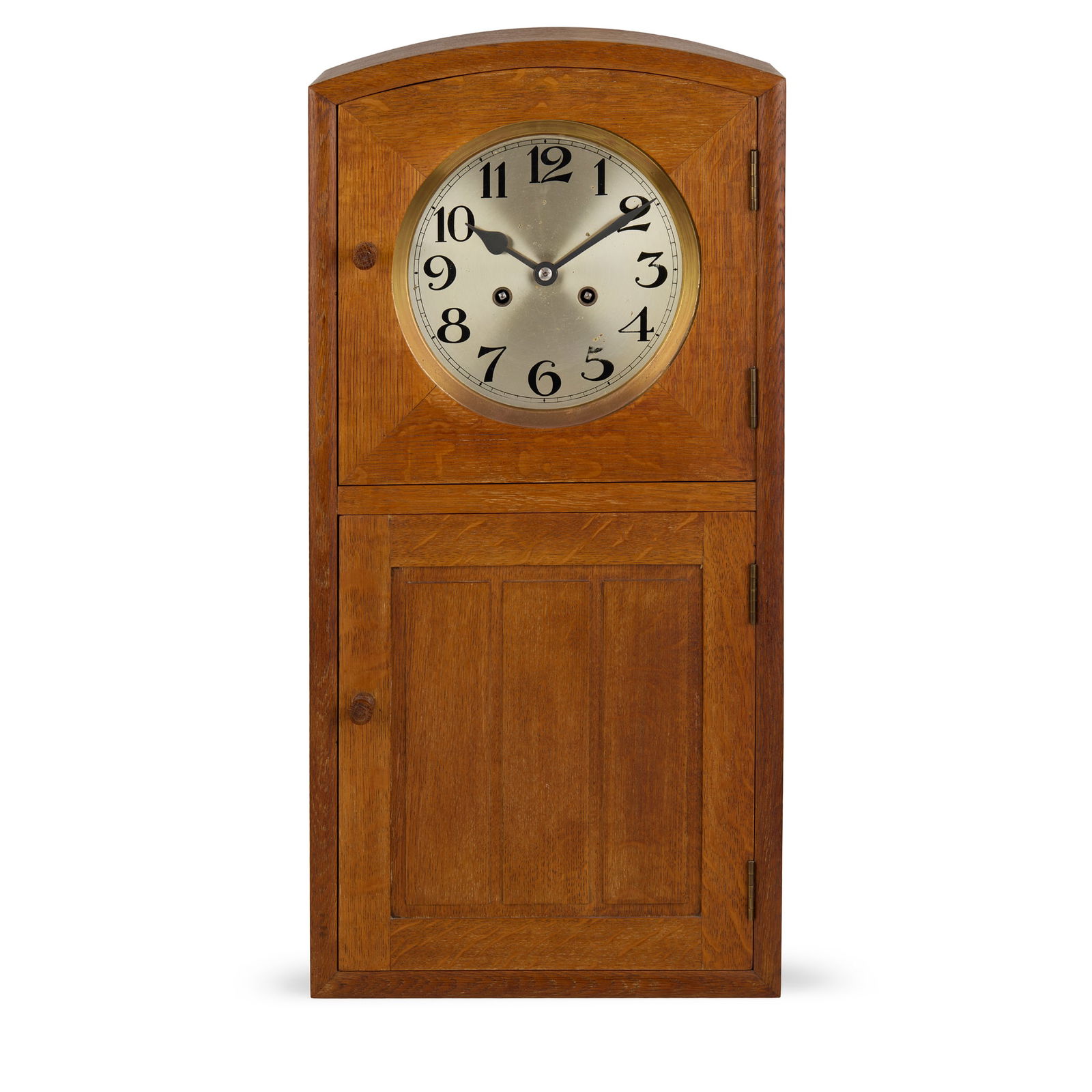 HEAL & SON: HEAL & SON WALL CLOCK, CIRCA 1930 the twin train movement striking on a coiled gong, within oak case, bears inset ivorine maker's label HEAL & SON LTD LONDON W 31cm wide, 63cm high, 15cm deep