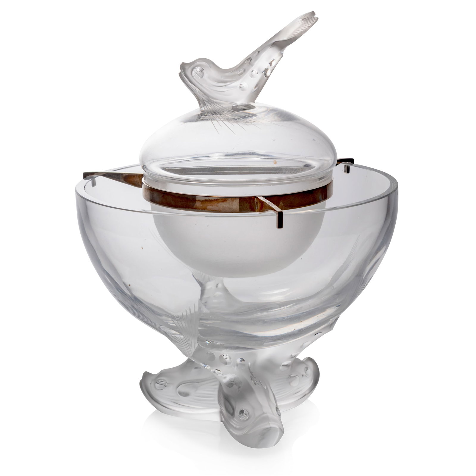 MARIE-CLAUDE LALIQUE (1935-2003): MARIE-CLAUDE LALIQUE (1935-2003) IGOR CAVIAR BOWL, STAND AND COVER designed circa 1975clear and frosted, chromed holderbase engraved Lalique France (4) 25.5cm high