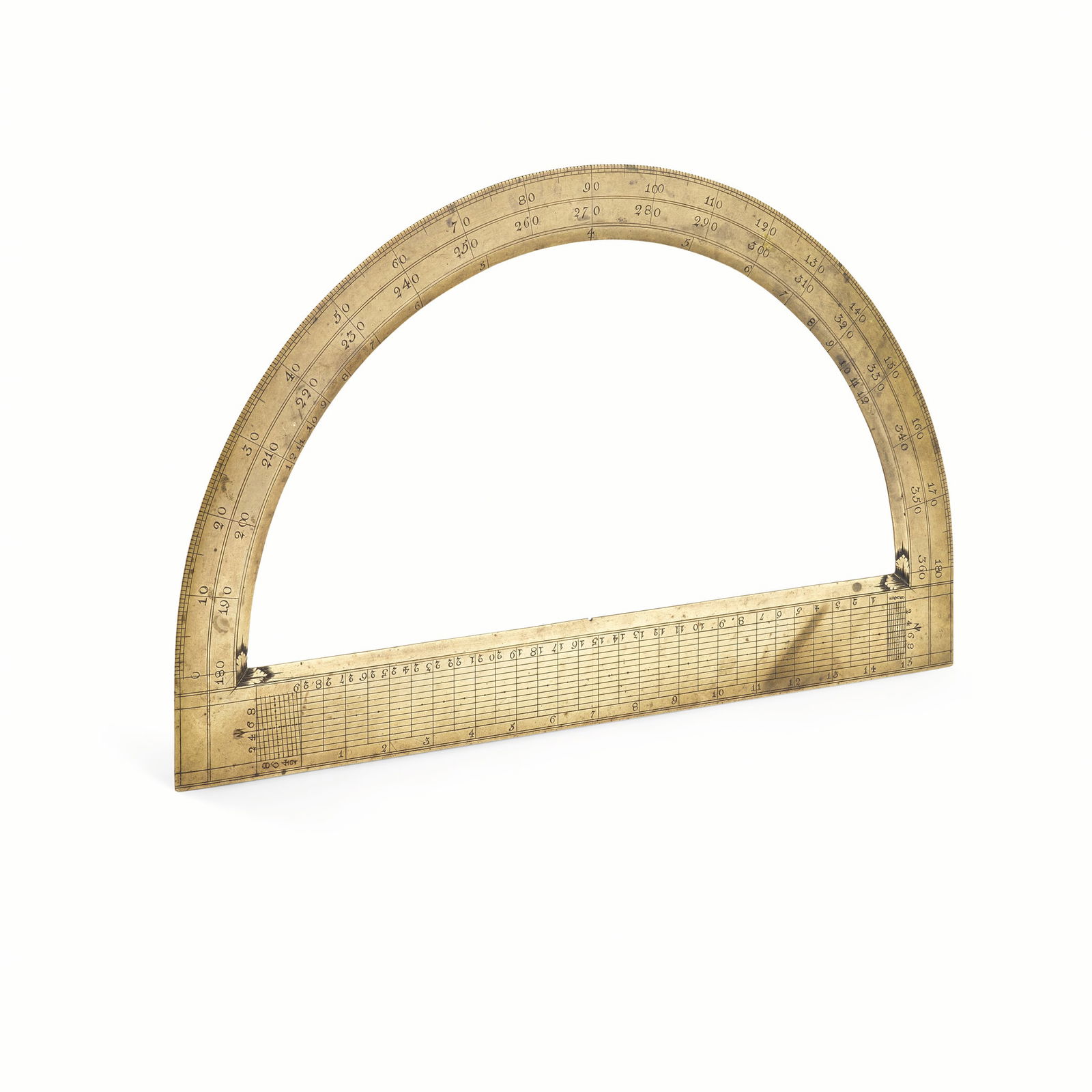 Brass semi circular protractor: Brass semi circular protractor 18th century engraved with 0-180 degree scale and a plotting scale, unsigned, 24cm long