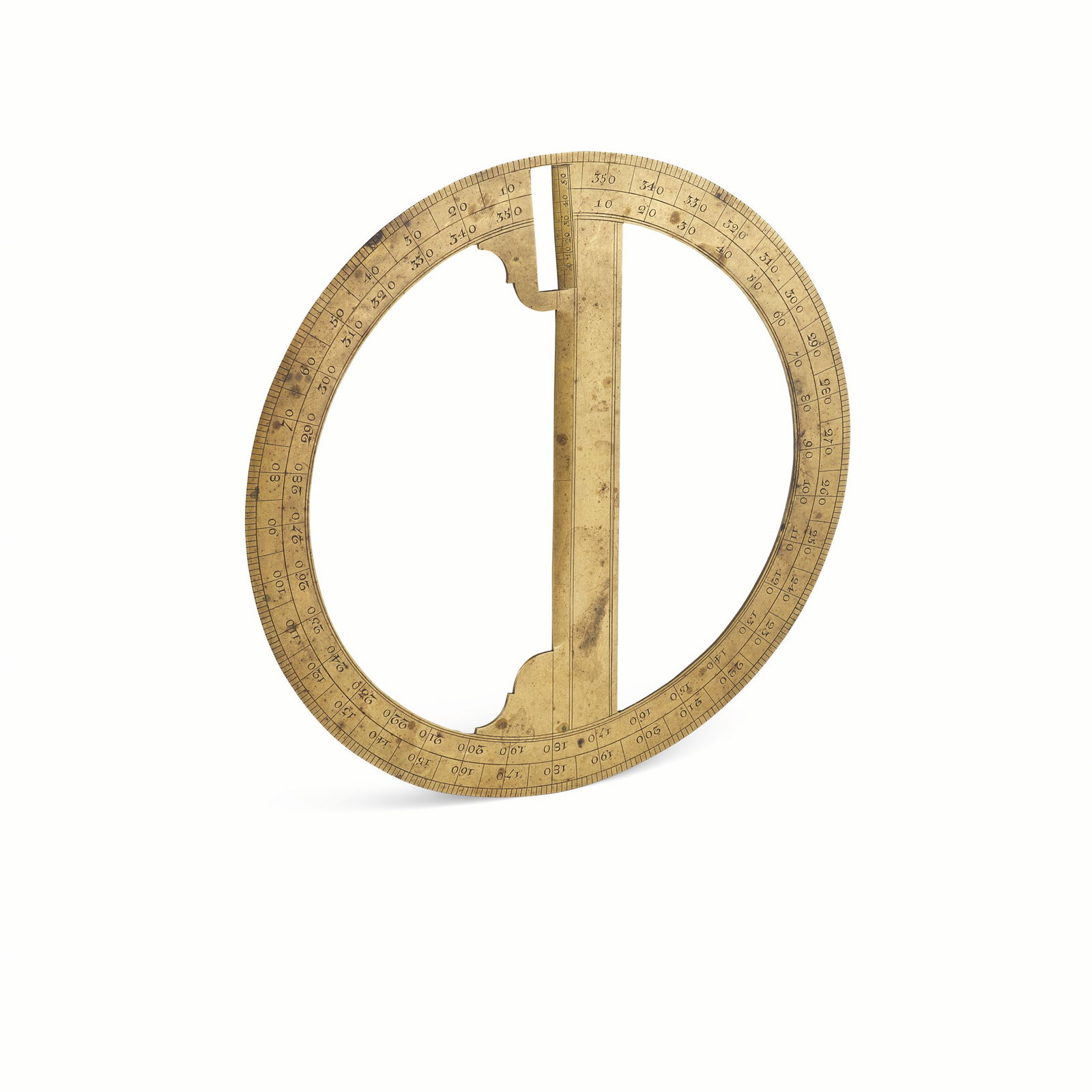 Brass circular protractor: Brass circular protractor 18th century 5 ¾ inches, engraved with 0-360 degree scale, unsigned, 15cm diameter