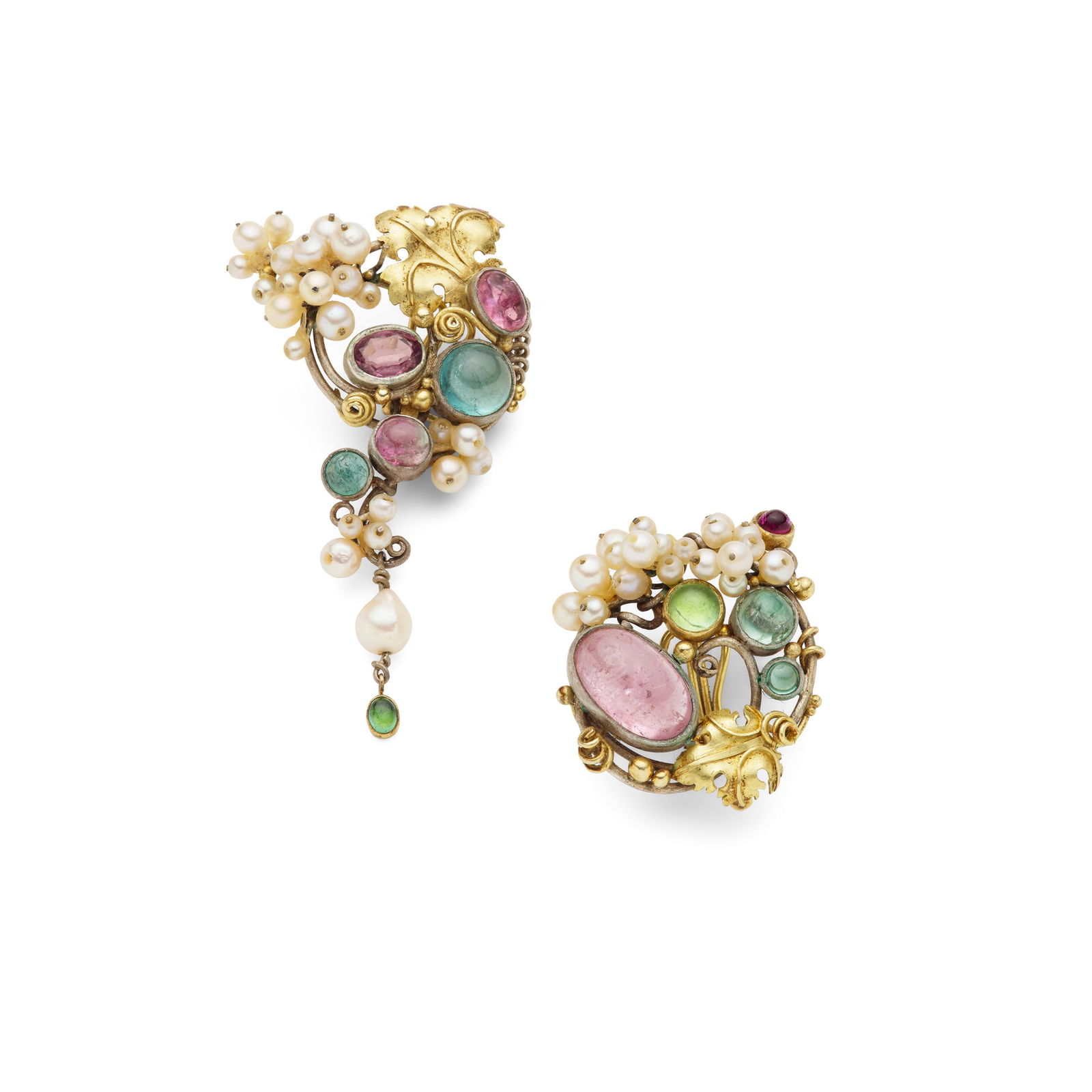 Dorrie Nossiter (Attributed): A pair of gem-set earclips: Dorrie Nossiter (Attributed): A pair of gem-set earclips Of mismatched design, each circular cluster decorated with seed pearls forming clusters of stylised grapes, with polished applied grape leaves,