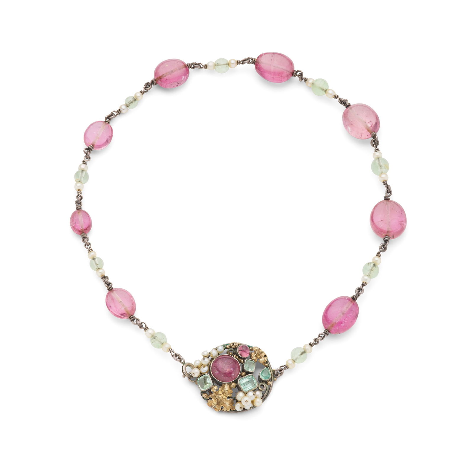 Dorrie Nossiter (Attributed): A gem-set necklace: Dorrie Nossiter (Attributed): A gem-set necklace The necklace formed of pink tourmaline oblong beads, spaced by seed pearls and green tourmaline spherical beads, to a circular cartouche collect-set wi