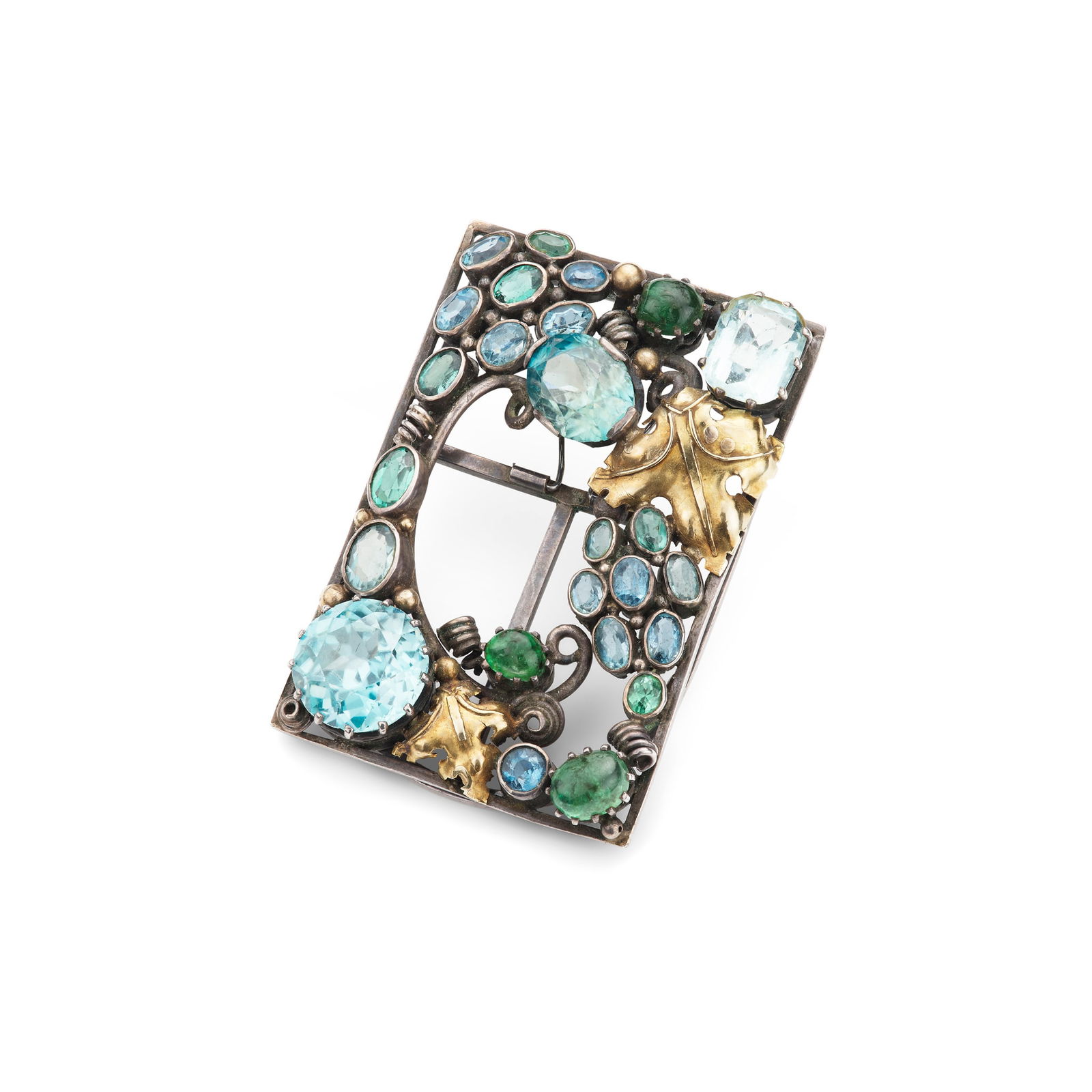Dorrie Nossiter (Attributed): A multi-gem plaque clip: Dorrie Nossiter (Attributed): A multi-gem plaque clip Of rectangular openwork form, collet-set with circular and oval-cut gemstones, including green tourmaline and zircon, and oval cabochon emeralds,