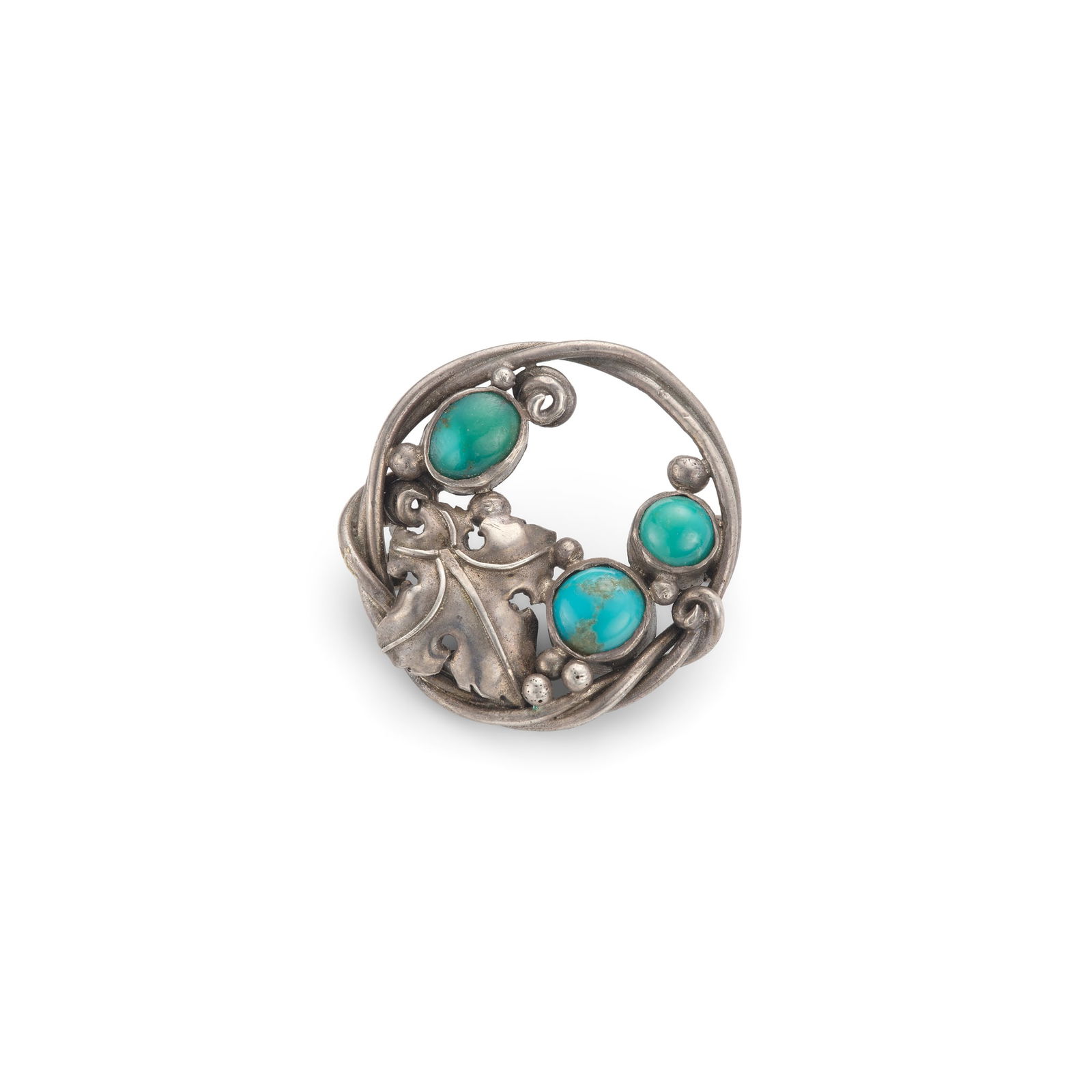 Dorrie Nossiter (Attributed): A silver and turquoise brooch: Dorrie Nossiter (Attributed): A silver and turquoise brooch Of circular form, decorated with a stylised grape leaf and accented by oval and circular cabochon turquoise, unsigned, pin deficient, length