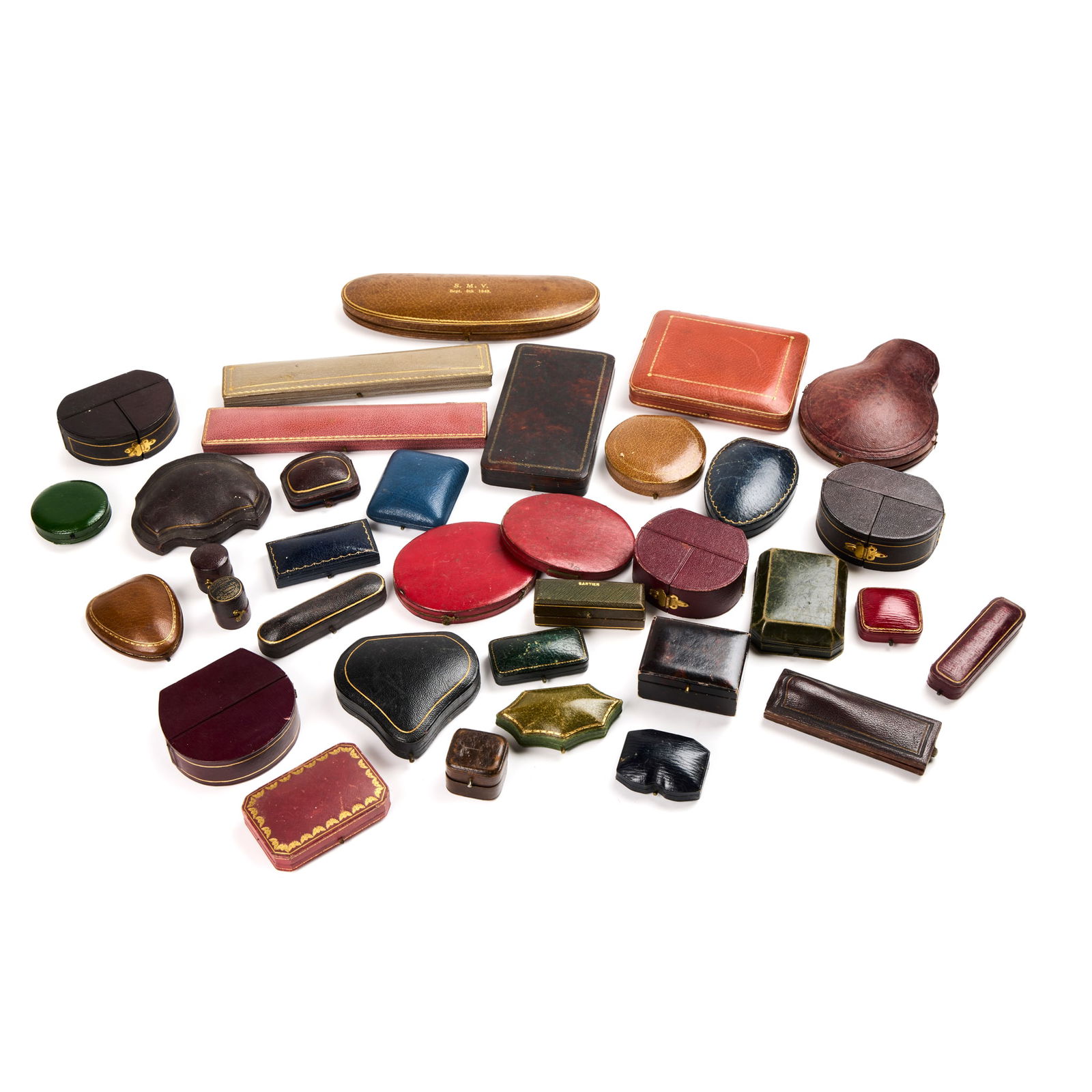 A collection of jewellery boxes, 18th to 20th century: A collection of jewellery boxes, 18th to 20th century To include examples from Cartier, Boucheron, Mappin & Webb, etc. and non branded antique cases (35)