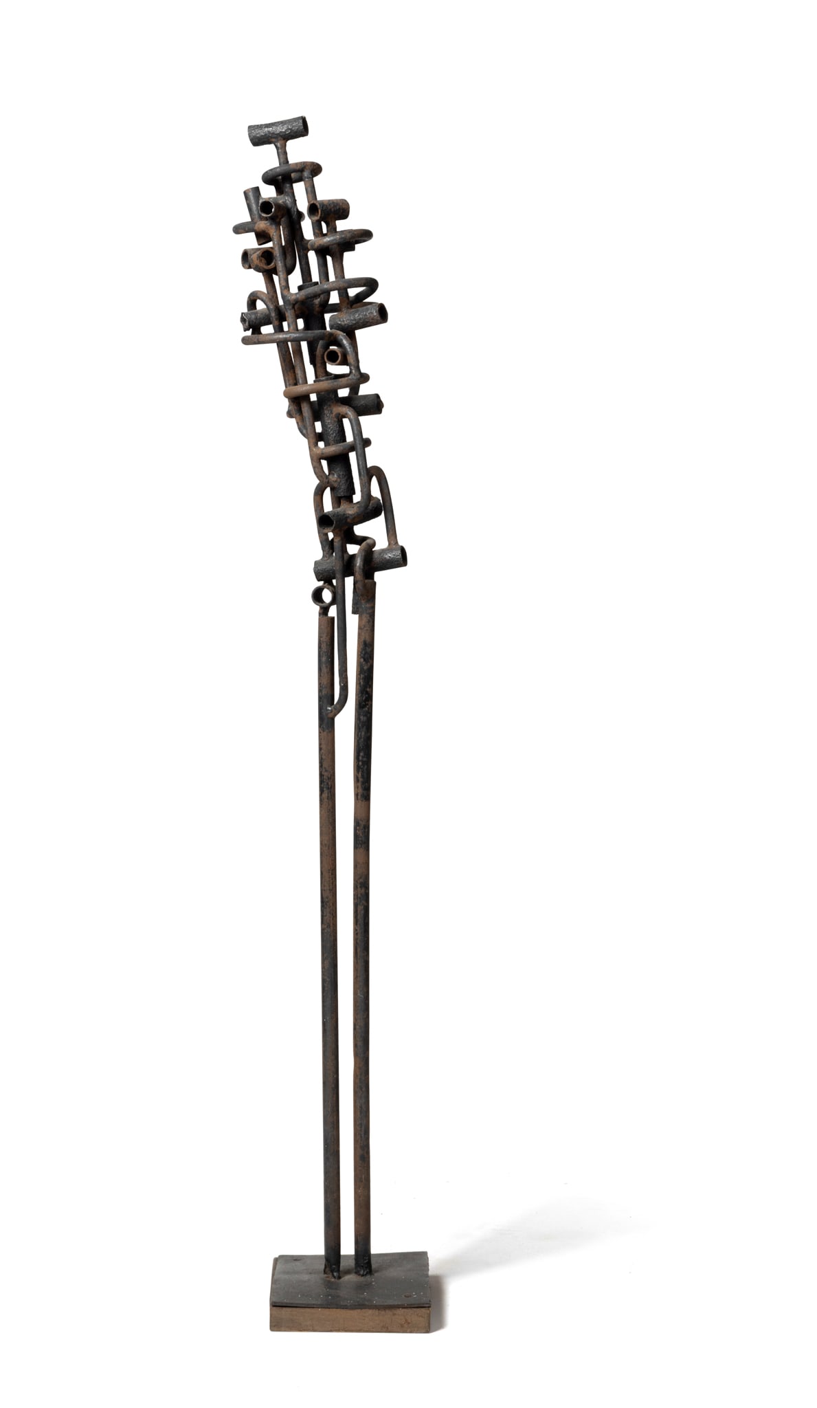 § UNKNOWN ARTIST (BRITISH, POST-WAR): UNKNOWN ARTIST (BRITISH, POST-WAR) STANDING FIGURE welded and patinated steel rods on a steel and wood base, unique - together with another sculpture, in painted stoneware, by an unknown hand (2) 112c