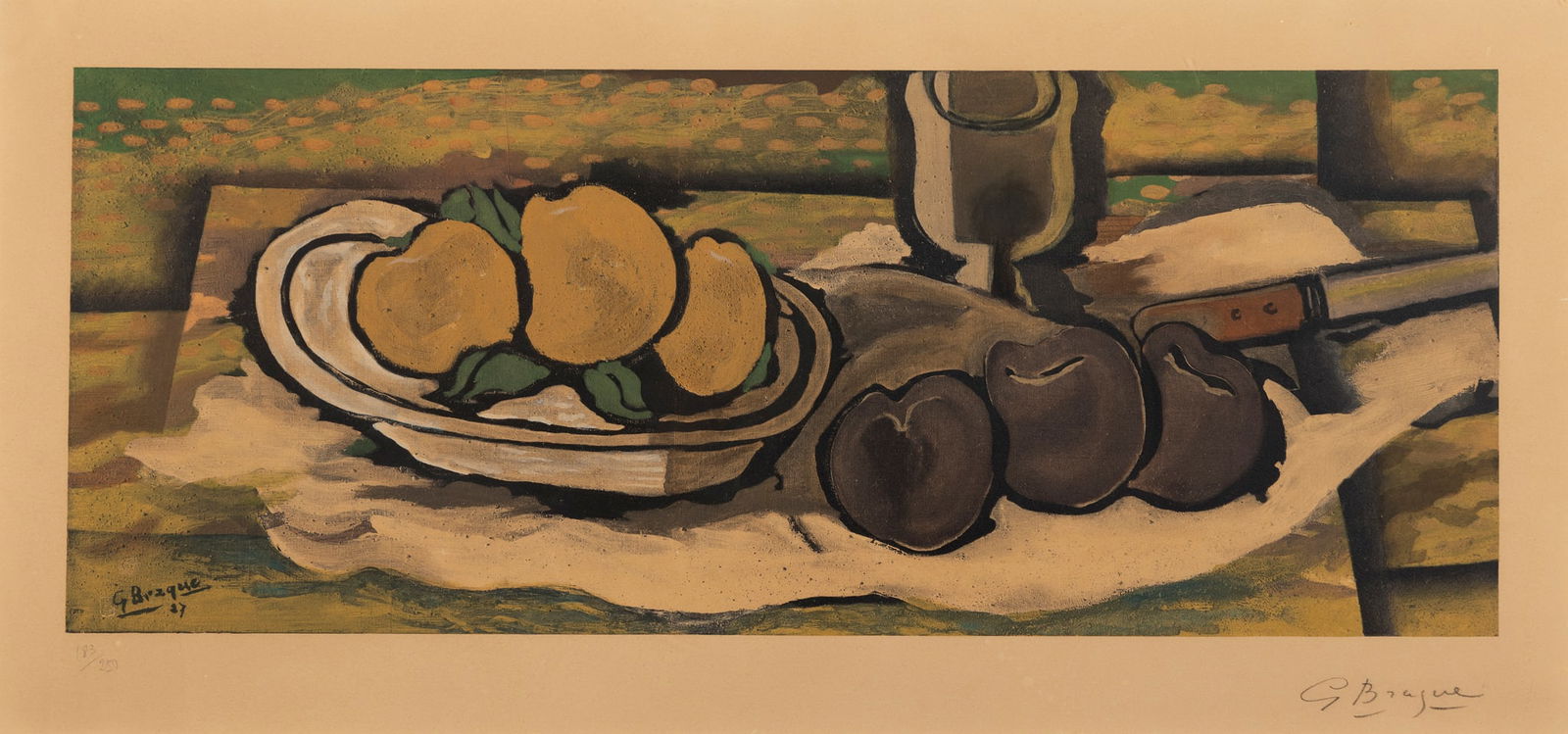 § GEORGES BRAQUE (FRENCH 1882-1963): GEORGES BRAQUE (FRENCH 1882-1963) NATURE MORTE AUX FRUITS, 1950 collotype, 183/250, signed and dated in the plate, also signed in pencil (lower right) and numbered (lower left) the plate 29cm x 72cm (