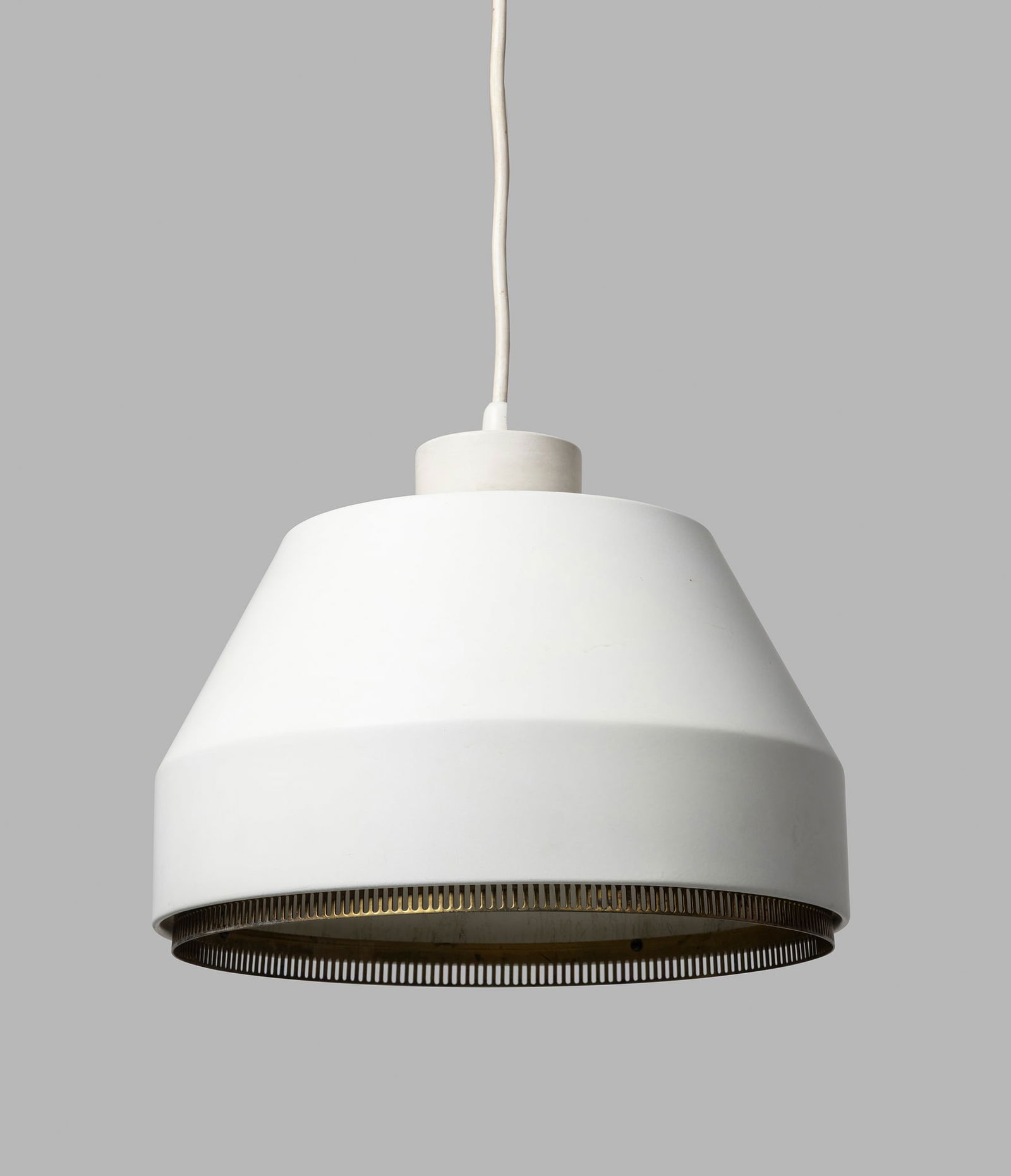 AINO AALTO (FINNISH 1894-1949) FOR VALAISTUSTYÖ KY, FINLAND: AINO AALTO (FINNISH 1894-1949) FOR VALAISTUSTYÖ KY, FINLAND PENDANT LIGHT, DESIGNED 1941 Model AMA 500, impressed manufacturer's mark, enamelled aluminium and brass 22cm high, 30.5cm diameter (8