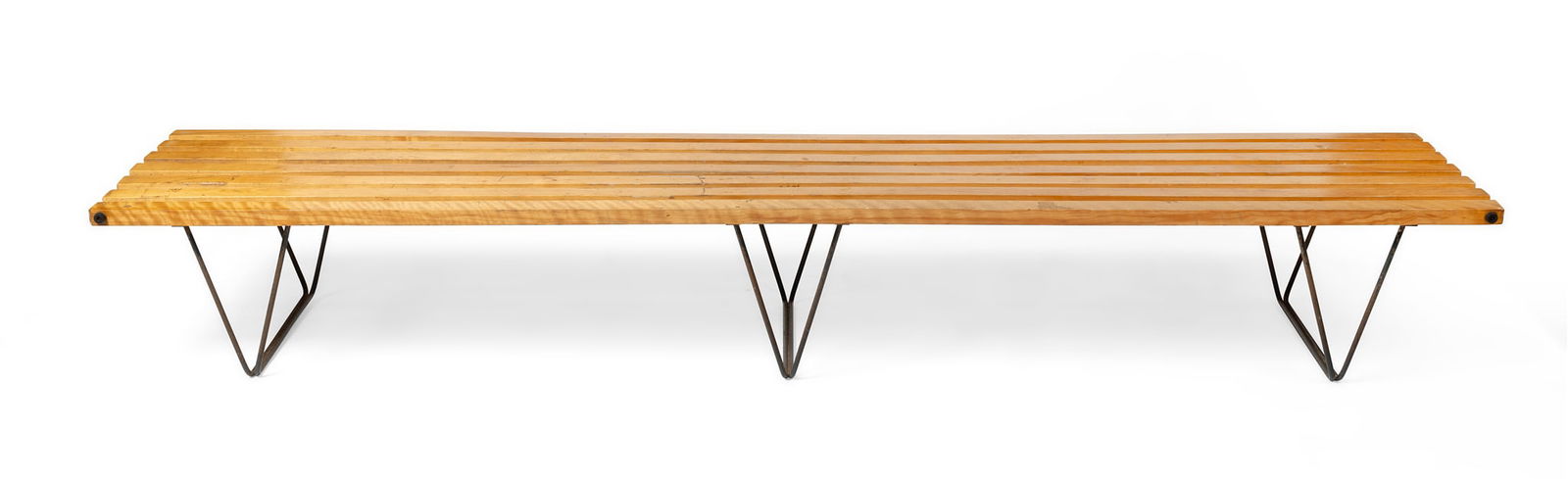 ATTRIBUTED TO ROBIN DAY (BRITISH 1915–2010): ATTRIBUTED TO ROBIN DAY (BRITISH 1915–2010) BENCH slatted wood, possibly makore wood, with enamelled metal frame 32cm high, 228.5cm long, 45.75cm deep (12 5/8in high, 90in long, 18in deep) The C