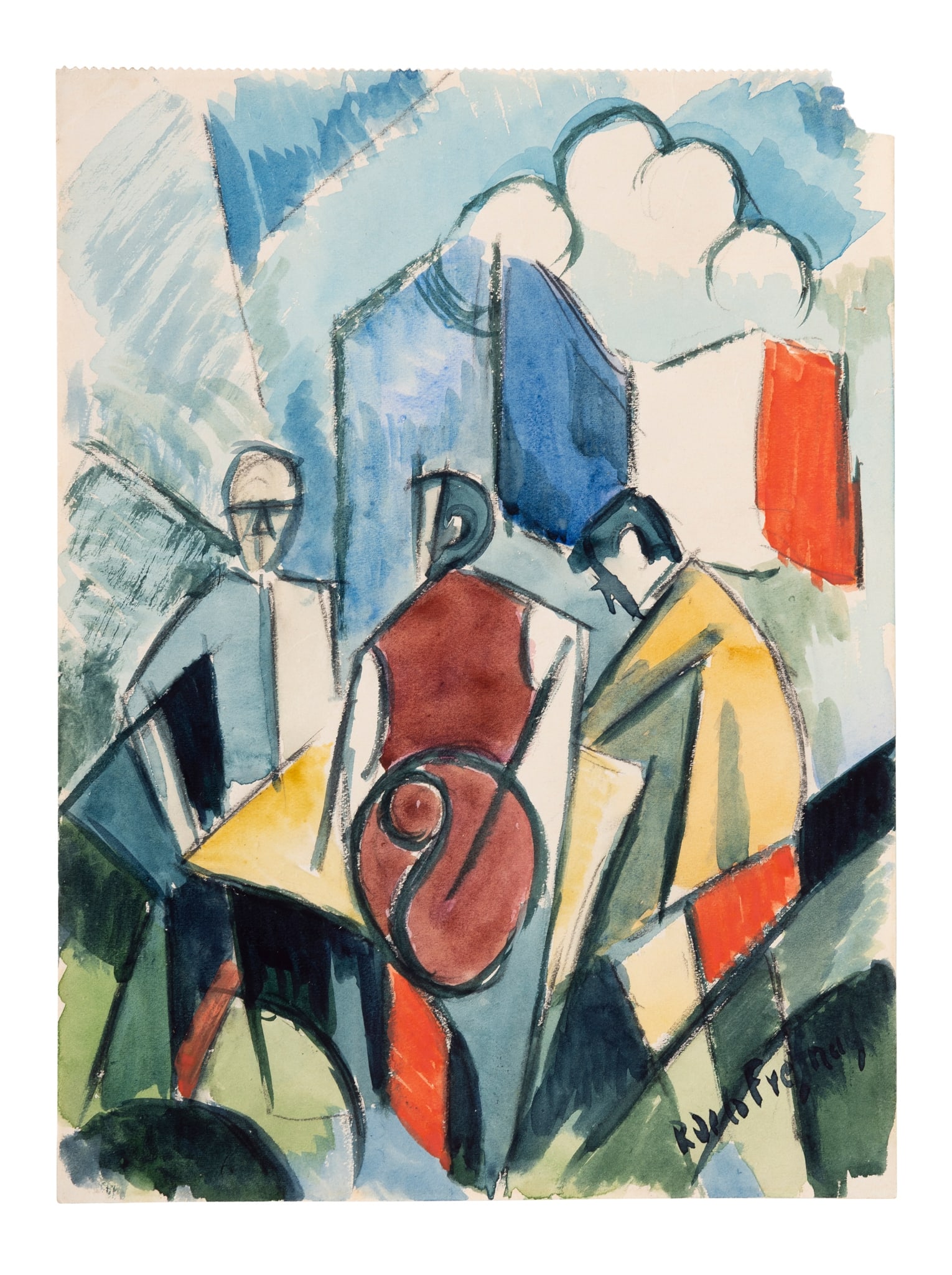 ROGER DE LA FRESNAYE (FRENCH 1885-1925): ROGER DE LA FRESNAYE (FRENCH 1885-1925) COMPOSITION WITH THREE MEN SEATED AT A TABLE, c.1913 signed (lower right), watercolour and crayon on paper 22.7cm x 16cm (9in x 6 ¼in), unframed The Estate