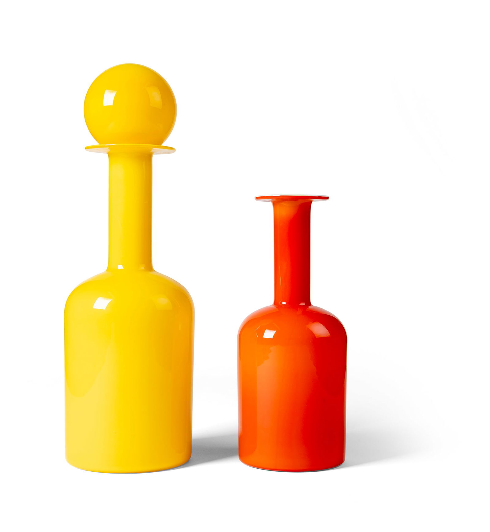OTTO BRAUER (DANISH 1911-1984) FOR HOLMEGAARD: OTTO BRAUER (DANISH 1911-1984) FOR HOLMEGAARD TWO 'GULVASE' VASES, DESIGNED 1962 the yellow example with stopper, glass 55cm high and 36.5cm high (21 5/8in high and 14 3/8in high) (2) Private Collecti