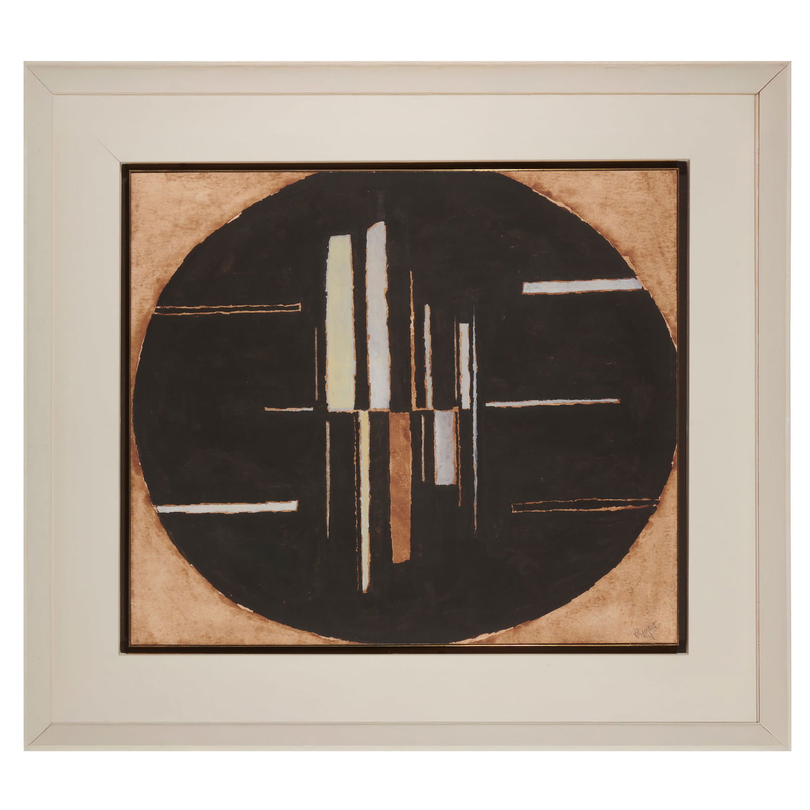 § ALAN REYNOLDS (BRITISH 1926-2014): ALAN REYNOLDS (BRITISH 1926-2014) FORMS ON A BLACK OVOID, 1962 signed in pencil (lower right), gouache and watercolour on paper laid on board. 44cm x 51cm (17 ¼in x 20in) with The Redfern G