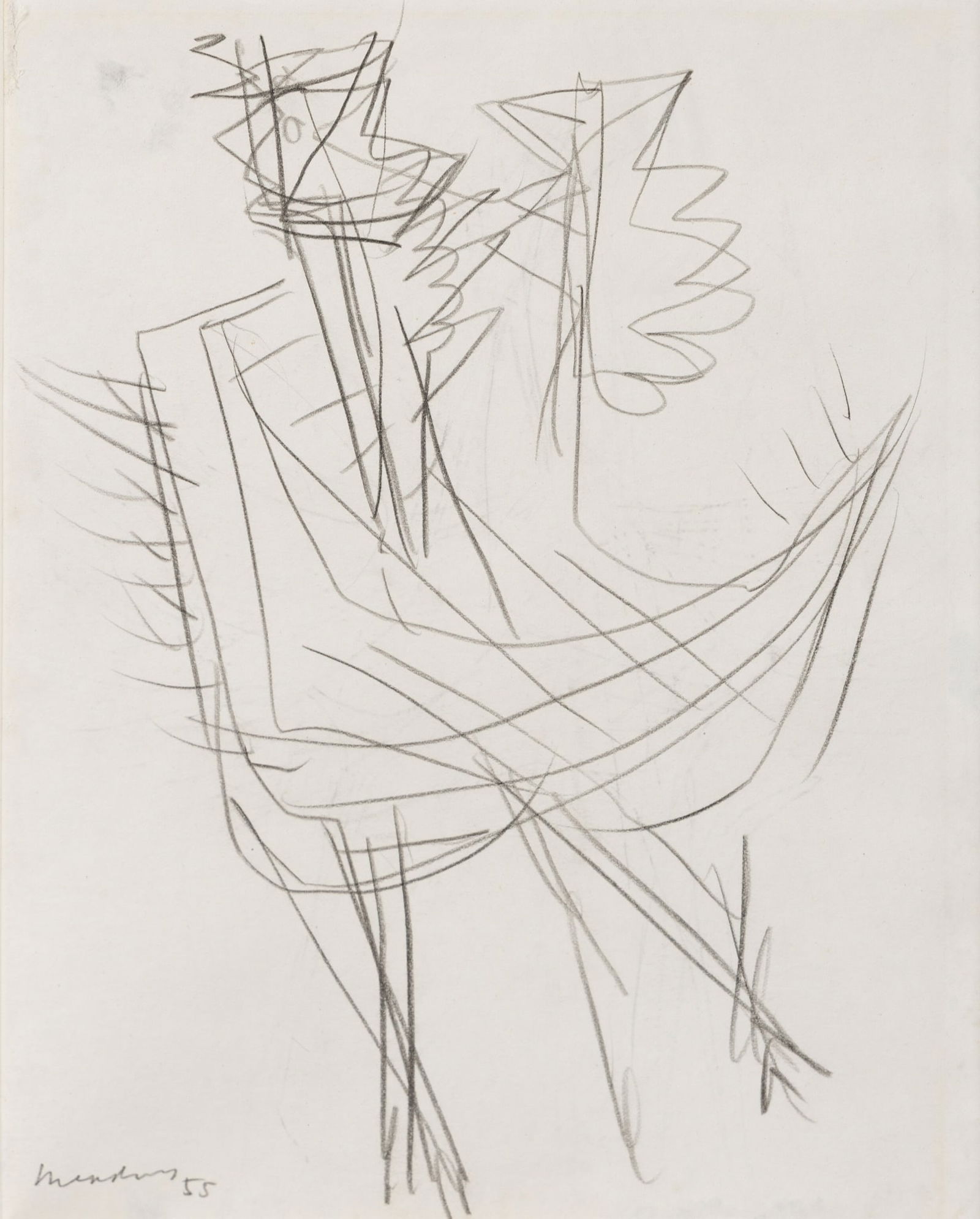 § BERNARD MEADOWS (BRITISH 1915-2005): BERNARD MEADOWS (BRITISH 1915-2005) DOUBLE-SIDED DRAWING FOR SCULPTURE (COCKS), 1955 signed and dated (lower right), pencil on paper 21.6cm x 16.5cm (8 ½in x 6 ½in) with Gimpel F