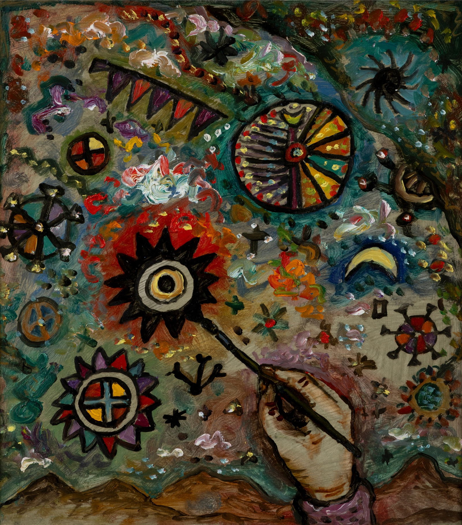 § ALAN DAVIE C.B.E., R.A. (BRITISH 1920-2014): ALAN DAVIE C.B.E., R.A. (BRITISH 1920-2014) CREATION DU MONDES DES ETOILES, 2001 (OPUS O.1512) signed, titled, dated and inscribed (to reverse), oil on board 30.5cm x 27cm (12in x 10 5/8in) with Gimpe