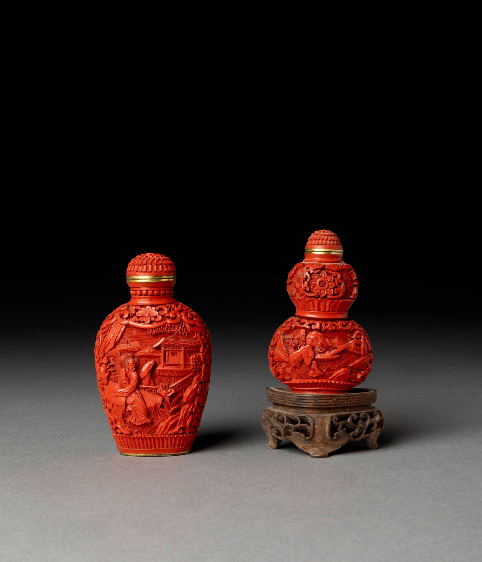 [COLLECTION OF PROF. J. GILBERT & CORA MCALLISTER] TWO CHINESE CARVED CINNABAR LACQUER SNUFF BOTTLES