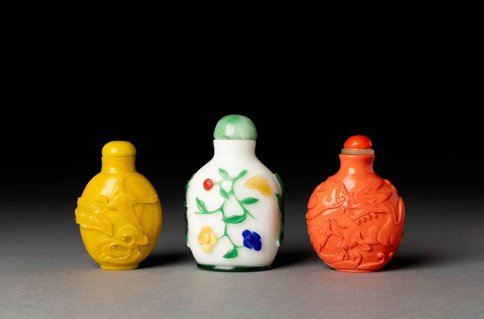[COLLECTION OF PROF. J. GILBERT & CORA MCALLISTER] GROUP OF THREE CHINESE GLASS SNUFF BOTTLES