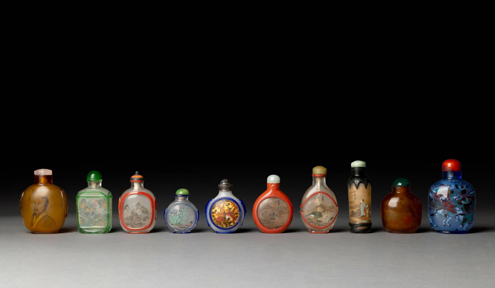 [COLLECTION OF PROF. J. GILBERT & CORA MCALLISTER] GROUP OF TEN CHINESE INSIDE PAINTED GLASS SNUFF