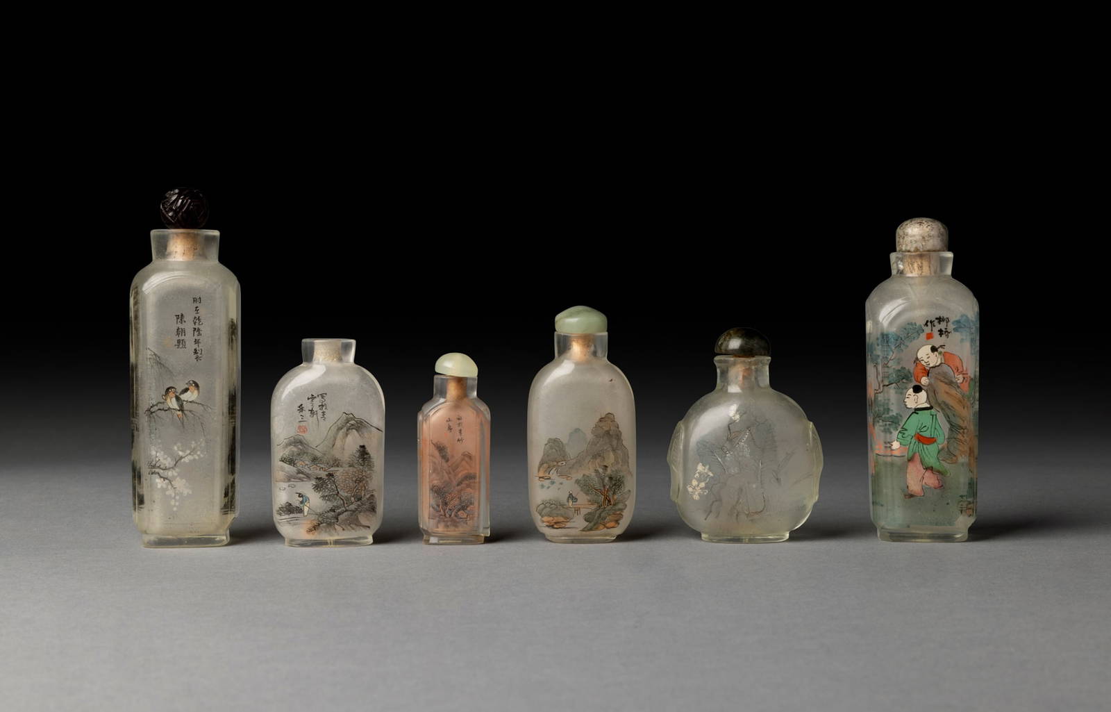 [COLLECTION OF PROF. J. GILBERT & CORA MCALLISTER] GROUP OF SIX CHINESE INSIDE PAINTED GLASS SNUFF