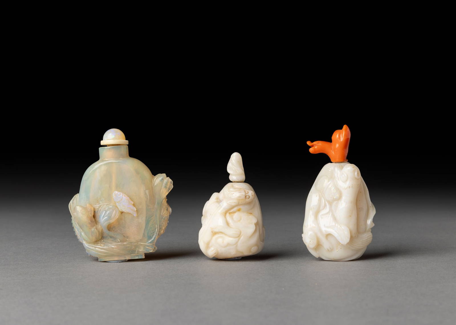 [COLLECTION OF PROF. J. GILBERT & CORA MCALLISTER] GROUP OF THREE CHINESE OPAL SNUFF BOTTLES