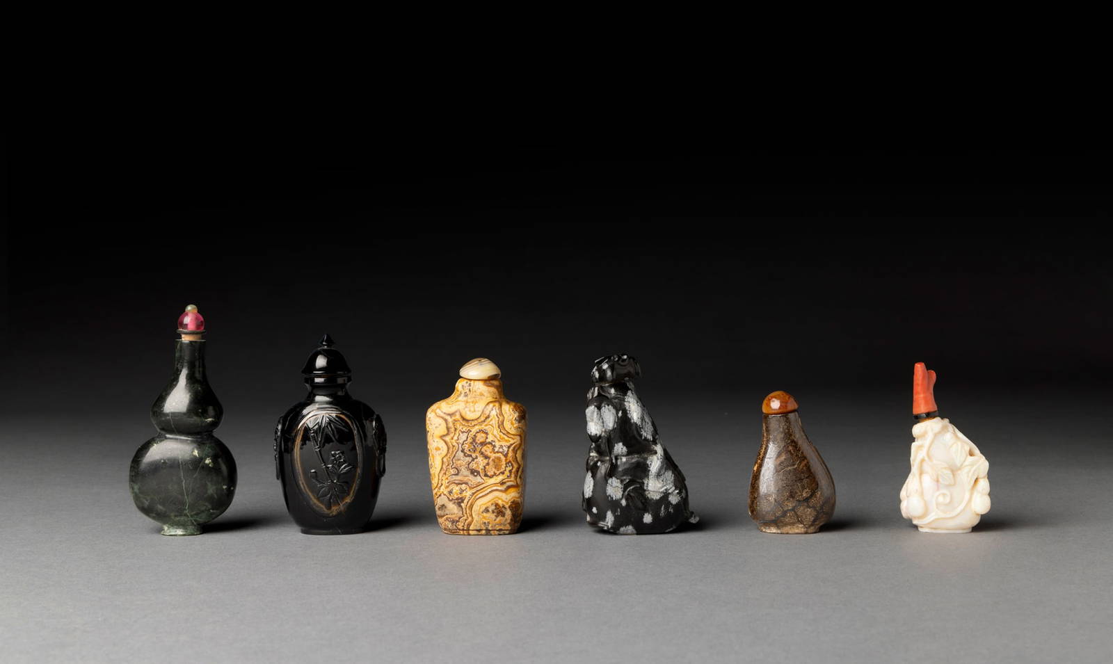 [COLLECTION OF PROF. J. GILBERT & CORA MCALLISTER] GROUP OF SIX CHINESE STONE SNUFF BOTTLES