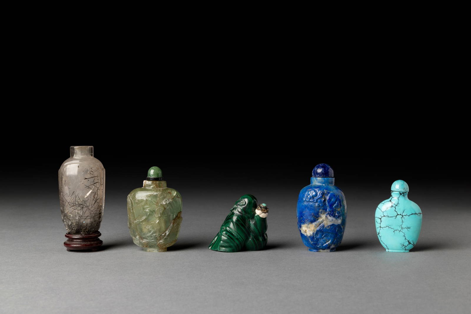 [COLLECTION OF PROF. J. GILBERT & CORA MCALLISTER] GROUP OF FIVE CHINESE STONE SNUFF BOTTLES