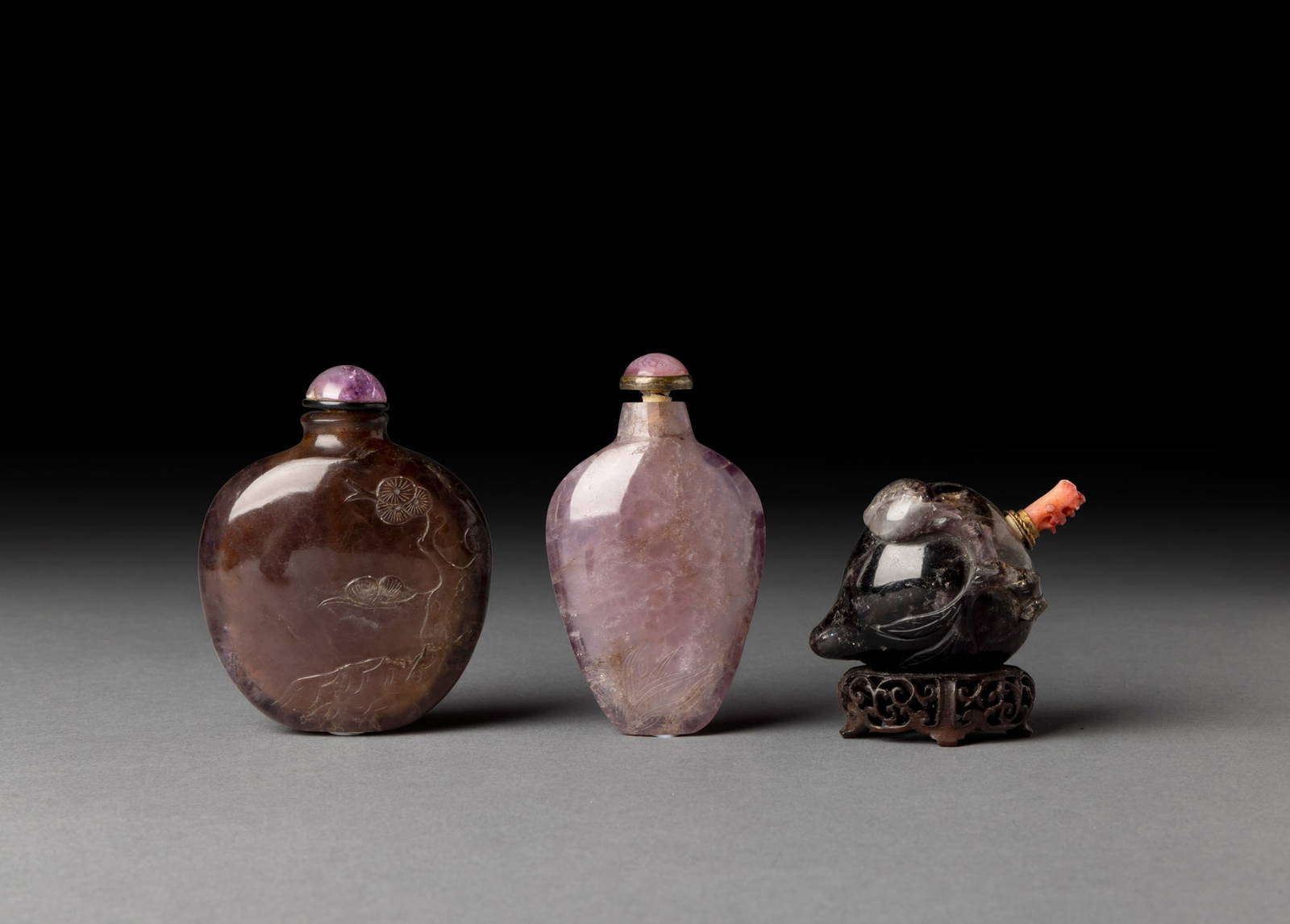 [COLLECTION OF PROF. J. GILBERT & CORA MCALLISTER] GROUP OF THREE CHINESE AMETHYST SNUFF BOTTLE