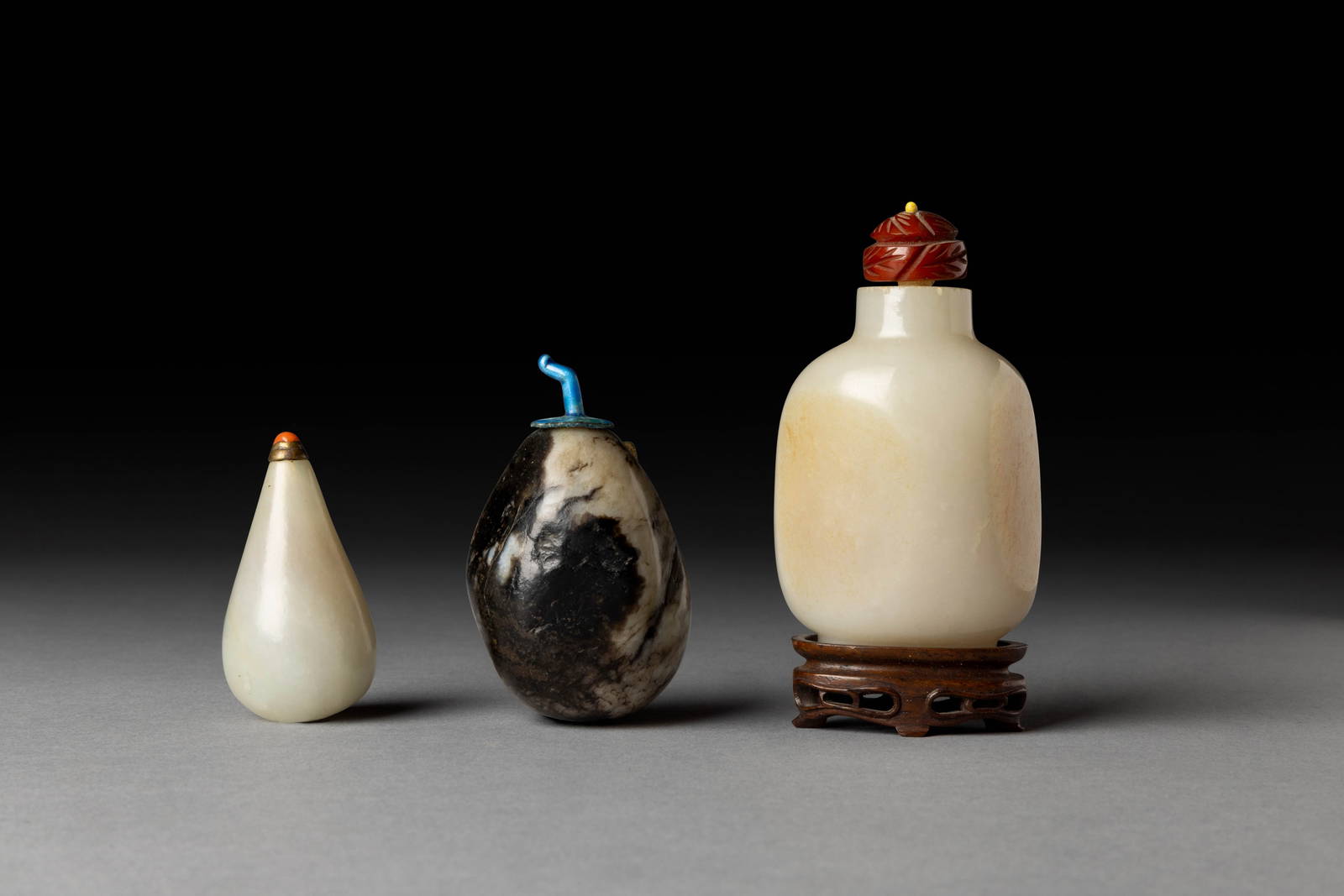 [COLLECTION OF PROF. J. GILBERT & CORA MCALLISTER] GROUP OF THREE CHINESE JADE SNUFF BOTTLES