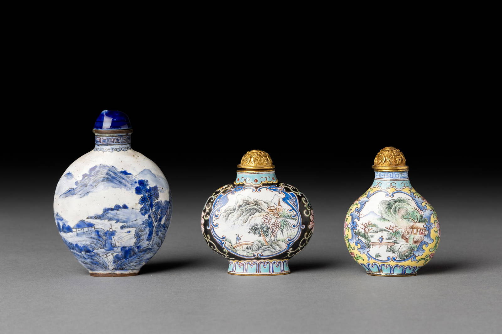 [COLLECTION OF PROF. J. GILBERT & CORA MCALLISTER] GROUP OF THREE CHINESE PAINTED ENAMEL SNUFF