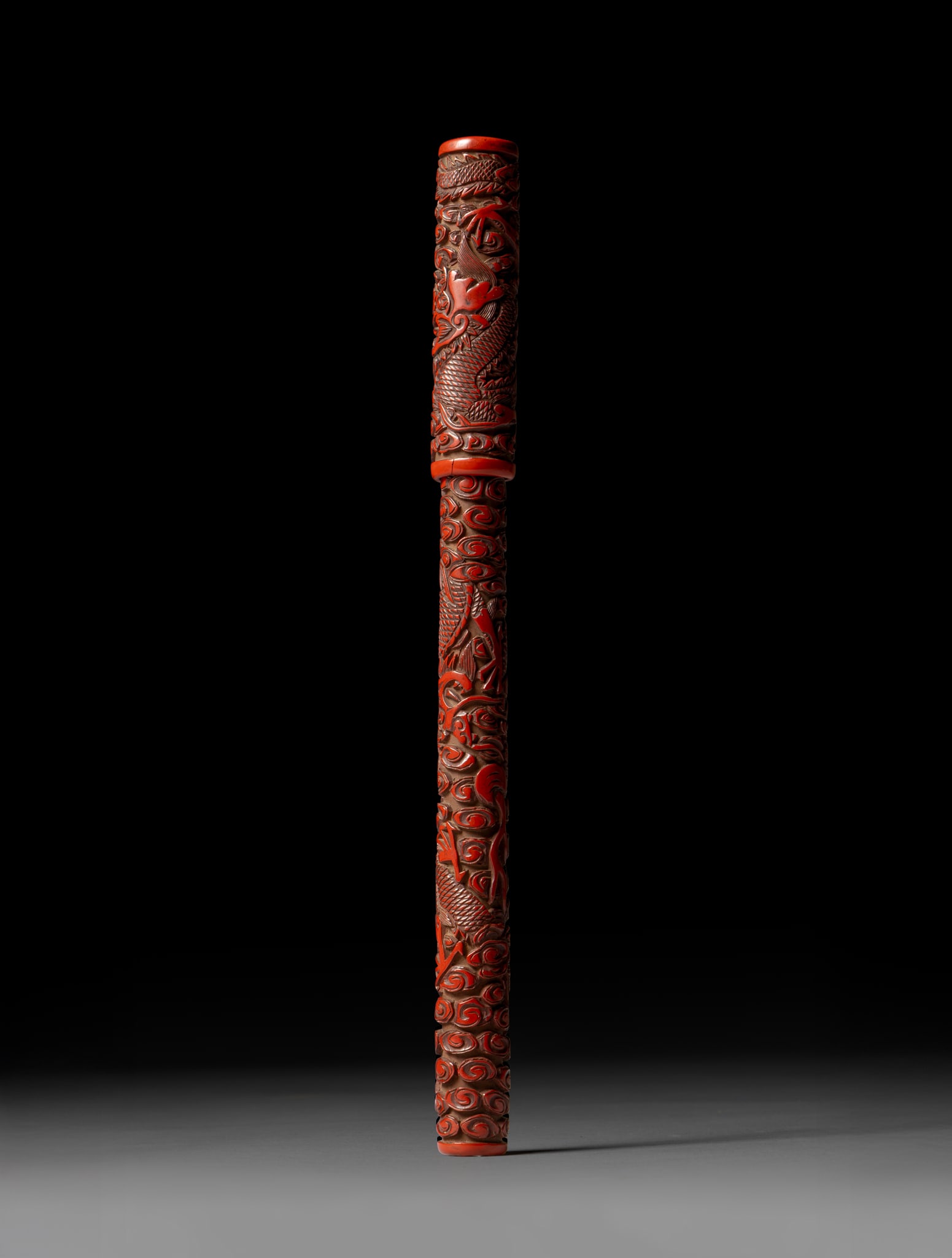RARE CHINESE CINNABAR LACQUER 'DRAGON' BRUSH WITH COVER