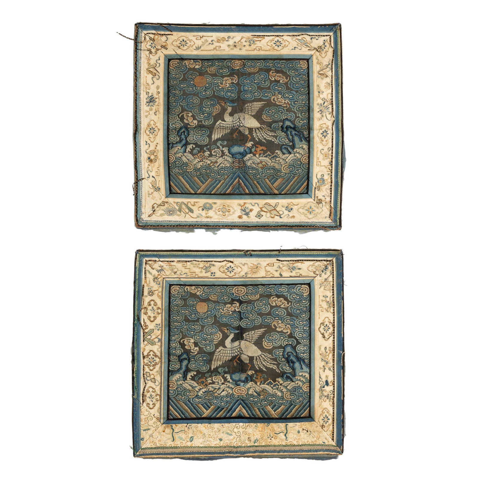 PAIR OF CHINESE GAUZE 'SILVER PHEASANT' RANK BADGES