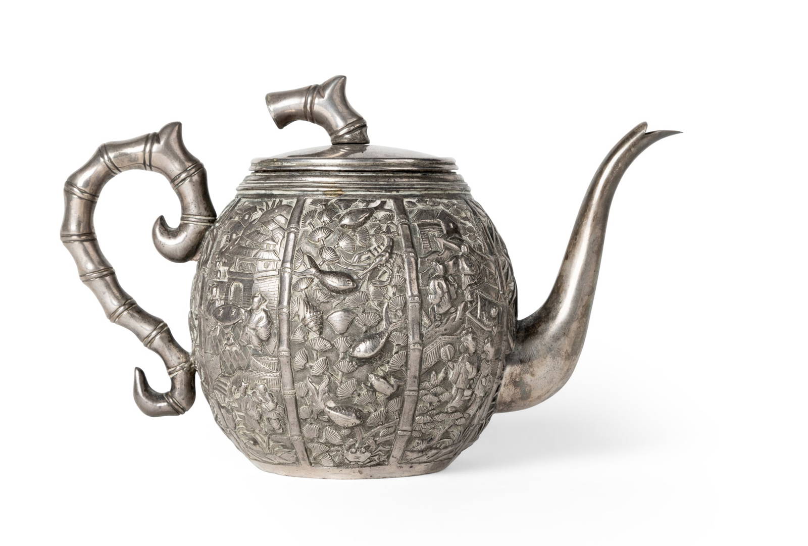 CHINESE 'ACQUATIC CREATURES' BAMBOO-HANDLED SILVER TEAPOT