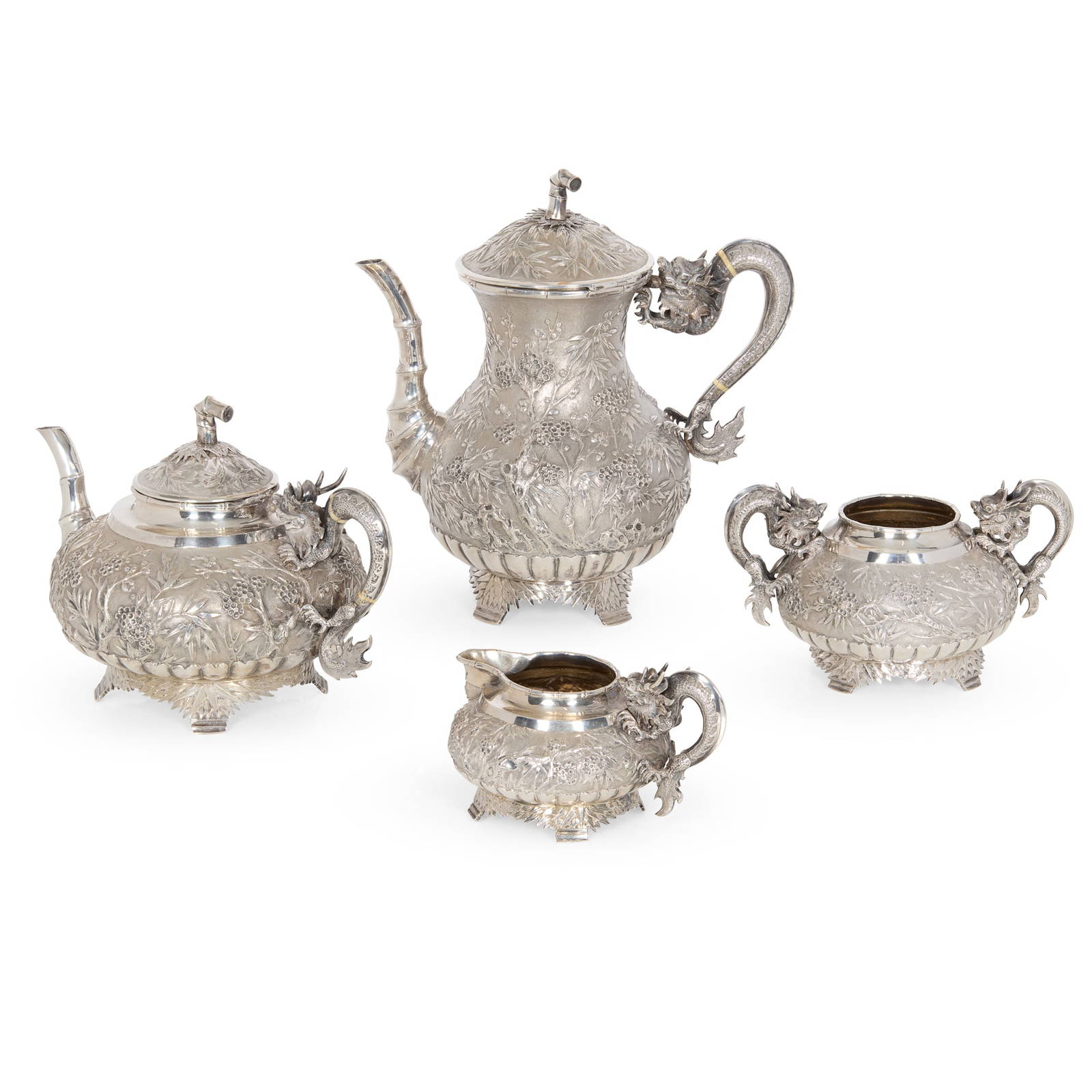 Y CHINESE EXPORT SILVER FOUR PIECE TEA SERVICE
