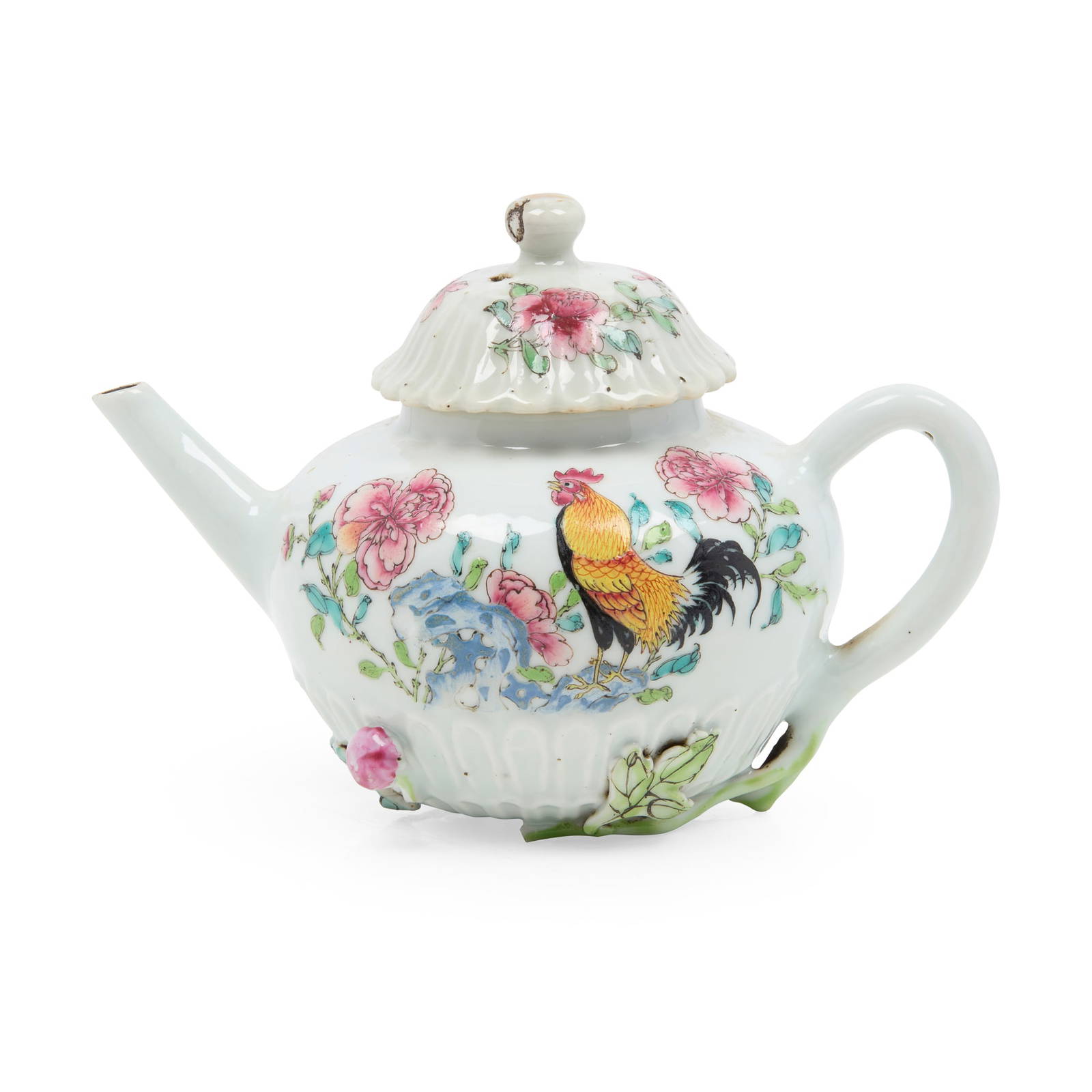 [PRIVATE SCOTTISH COLLECTION] CHINESE FAMILLE ROSE MOULDED 'COCKEREL' TEAPOT WITH COVER
