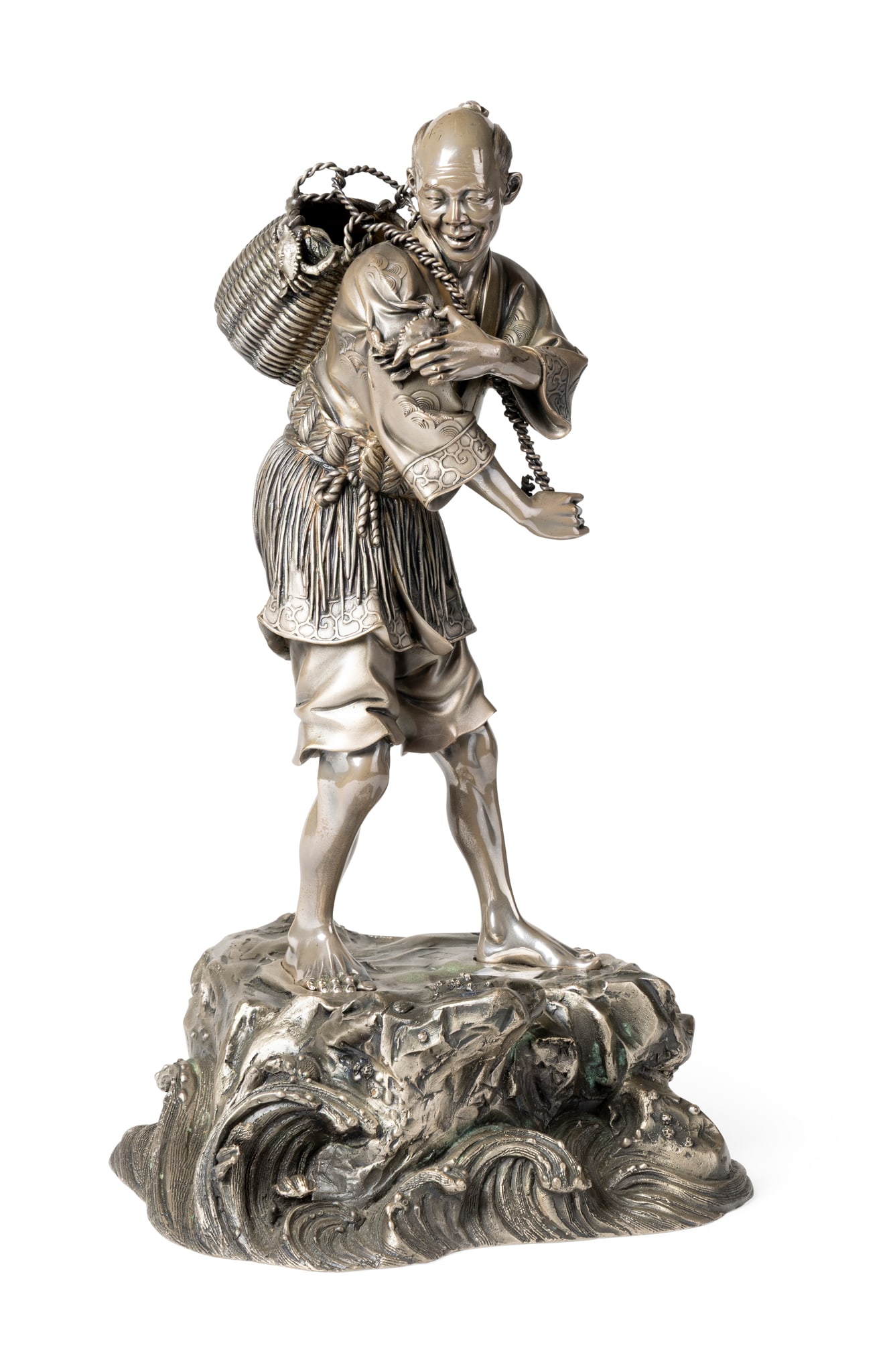 [PRIVATE ENGLISH COLLECTION, ENGLAND] JAPANESE CUPRONICKEL OKIMONO OF A CRAB FISHERMAN (1 of 4)