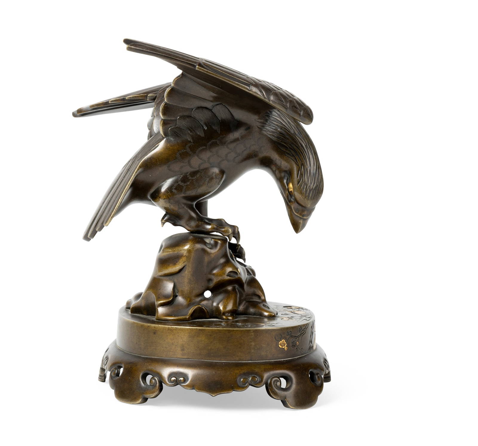 [PRIVATE SCOTTISH COLLECTION, EDINBURGH] JAPANESE BRONZE AND MIXED-METAL INLAID OKIMONO OF HAWK AND