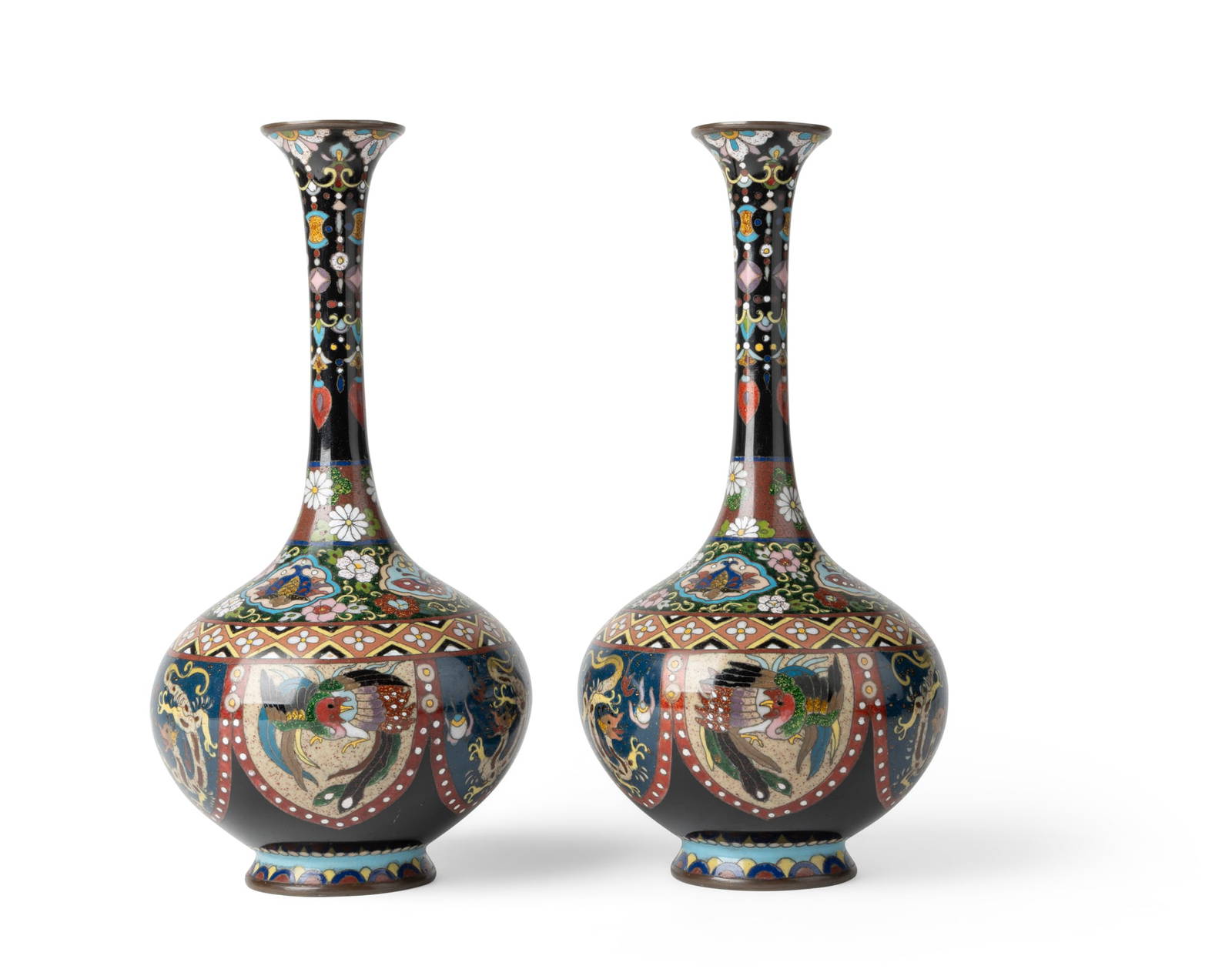 [PRIVATE SCOTTISH COLLECTION, EDINBURGH] PAIR OF JAPANESE CLOISONN? ENAMEL BOTTLE VASES