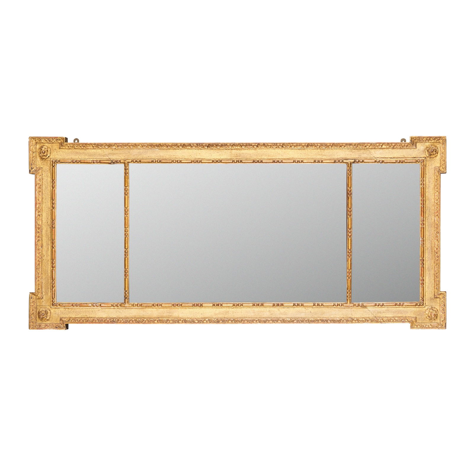 GEORGIAN STYLE GILTWOOD TRIPTYCH OVERMANTEL MIRROR, IN THE MANNER OF WILLIAM KENT: GEORGIAN STYLE GILTWOOD TRIPTYCH OVERMANTEL MIRROR, IN THE MANNER OF WILLIAM KENT LATE 19TH CENTURY the mirror plates in a bead and reel moulded slip and sanded ground, the outset moulded corners set