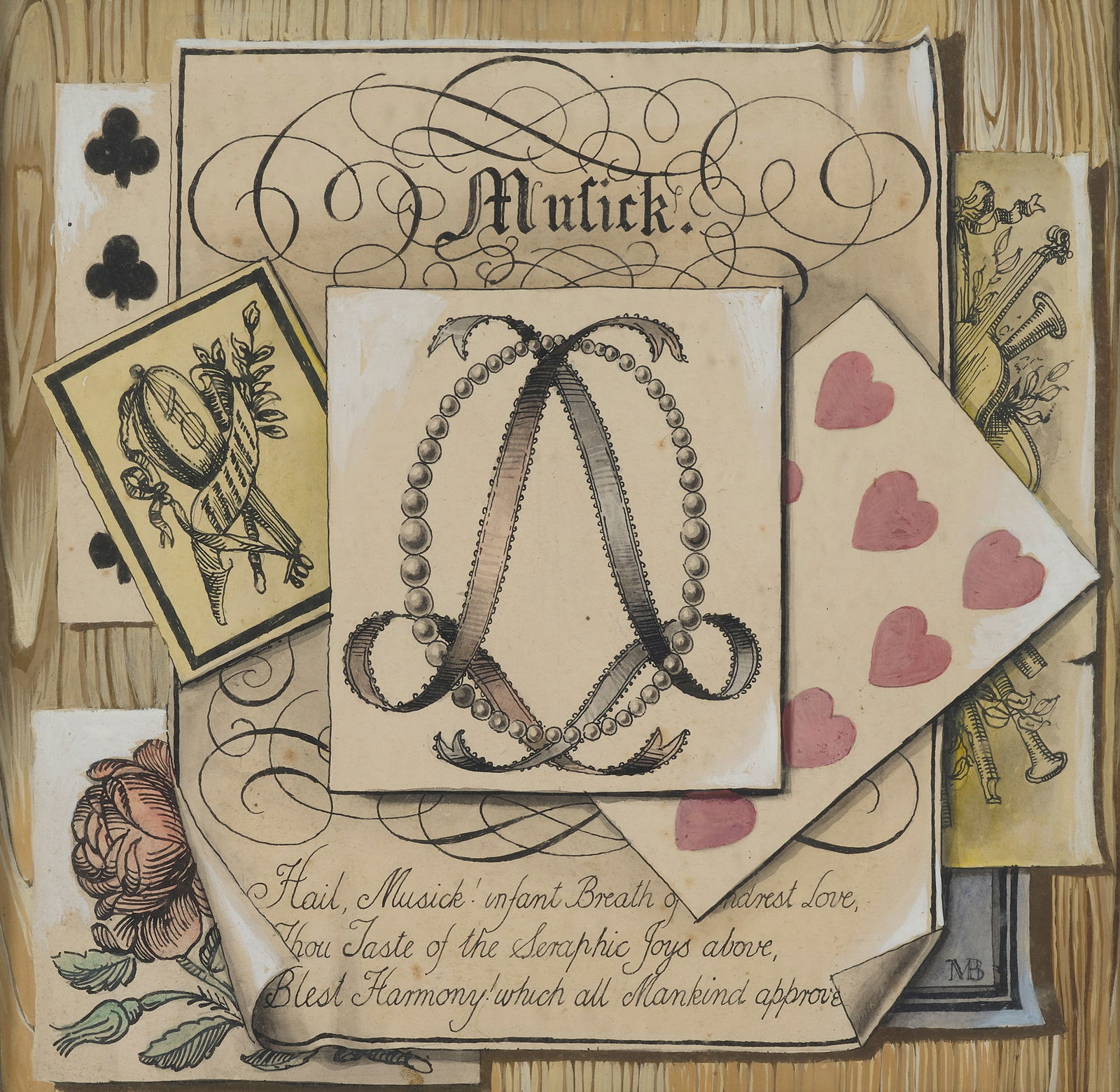 19TH CENTURY BRITISH SCHOOL: 19TH CENTURY BRITISH SCHOOL TROMPE L'OEIL - MUSICK Signed with initials M.B, watercolour 23cm x 23cm (9in x 9in)