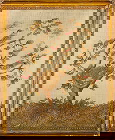 GEORGE III NEEDLEWORK AND STUMPWORK PANEL: GEORGE III NEEDLEWORK AND STUMPWORK PANEL 18TH CENTURY worked in silk satin and chenille stitches depicting two songbirds nesting in a fruiting bush, the nest with stumpwork, the base of the tree text
