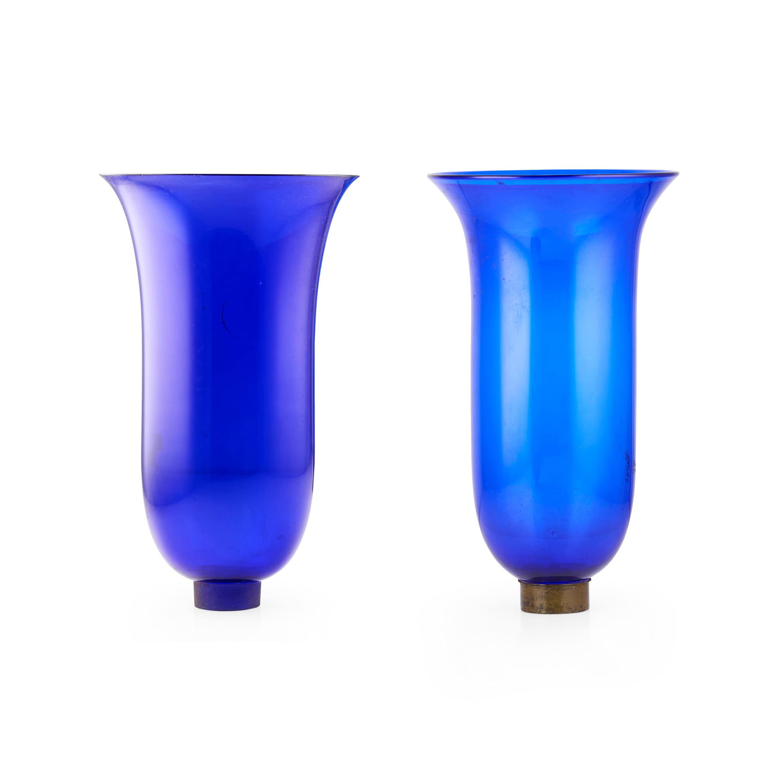 RARE PAIR OF BRISTOL BLUE GLASS STORM LAMP SHADES: RARE PAIR OF BRISTOL BLUE GLASS STORM LAMP SHADES 19TH CENTURY of elongated flared form, one with a brass collar (2) 31cm high, 17.5cm diameter