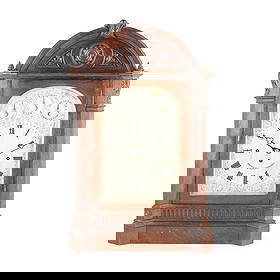 SCOTTISH VICTORIAN CARVED OAK QUARTER CHIMING TABLE CLOCK, BY BARRIE & SON, EDINBURGH: SCOTTISH VICTORIAN CARVED OAK QUARTER CHIMING TABLE CLOCK, BY BARRIE & SON, EDINBURGH 19TH CENTURY the signed silvered arch dial with Gothic Roman numerals, engraved foliate spandrels, the arch with s