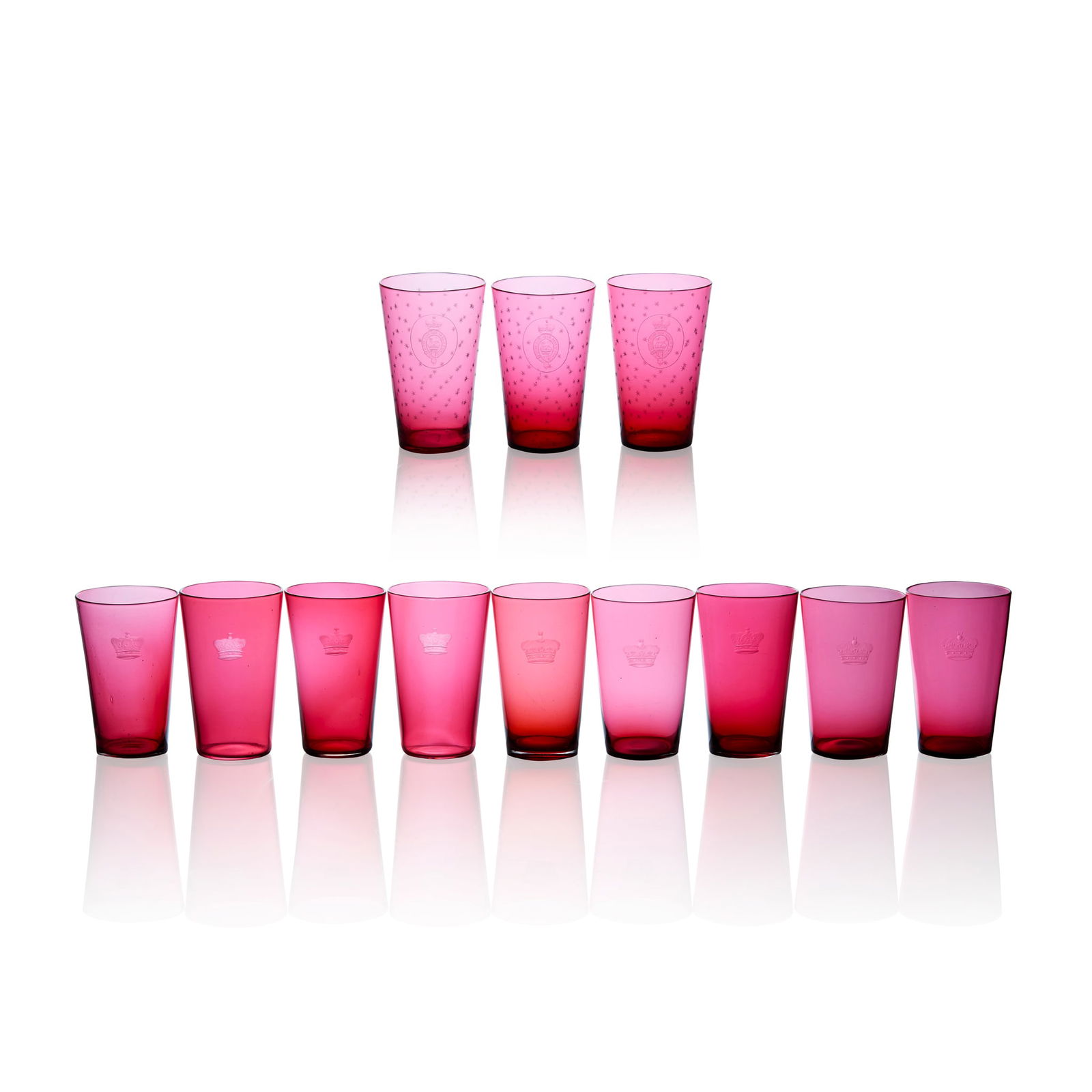 TWELVE ENGRAVED CRANBERRY GLASS TUMBLERS OF ROYAL / QUEEN VICTORIA INTEREST (1 of 3)