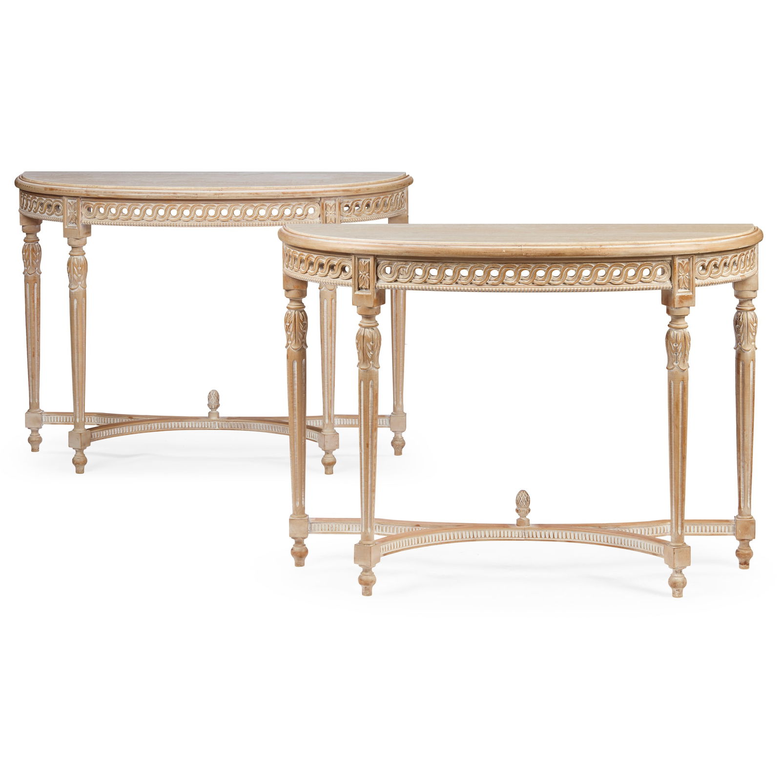 PAIR OF GEORGIAN STYLE PAINTED ASH MARBLE TOP CONSOLE TABLES: PAIR OF GEORGIAN STYLE PAINTED ASH MARBLE TOP CONSOLE TABLES MODERN the D-shaped cream coloured insert marble tops above pierced guilloche friezes, raised on acanthus carved and fluted tapered legs jo