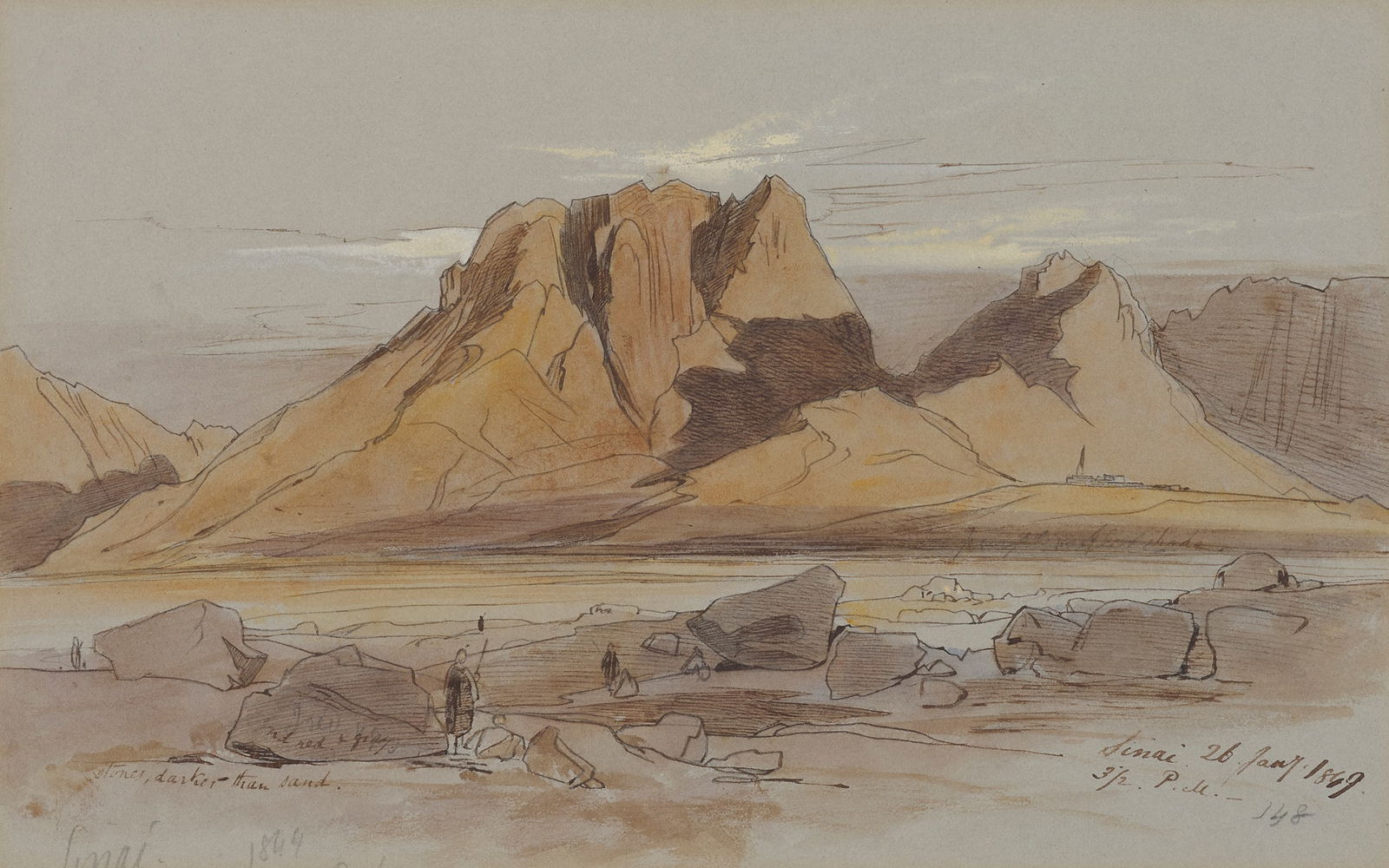 EDWARD LEAR (BRITISH 1812-1888): EDWARD LEAR (BRITISH 1812-1888) MOUNT SINAI Inscribed with location and colour notes, dated 26 Jan, 1849, pen and ink and watercolour 18cm x 28.5cm (7in x 11.25in) Fine Art Society Limited, London, Ju